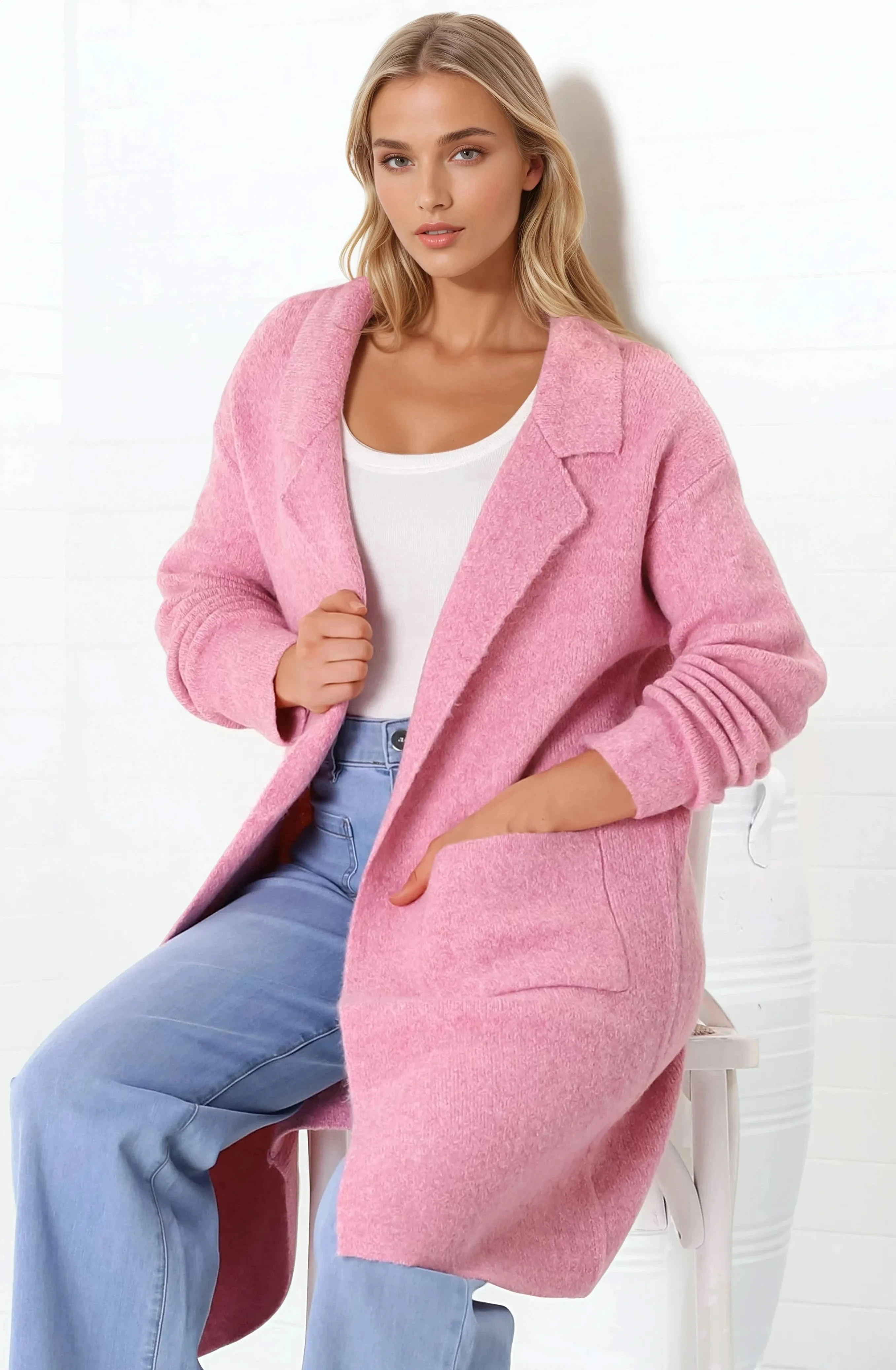 Samson Cardigan - Folded Lapel Collar Coatigan with Pockets in Pink sold by Salty Crush product image thumbnail 3