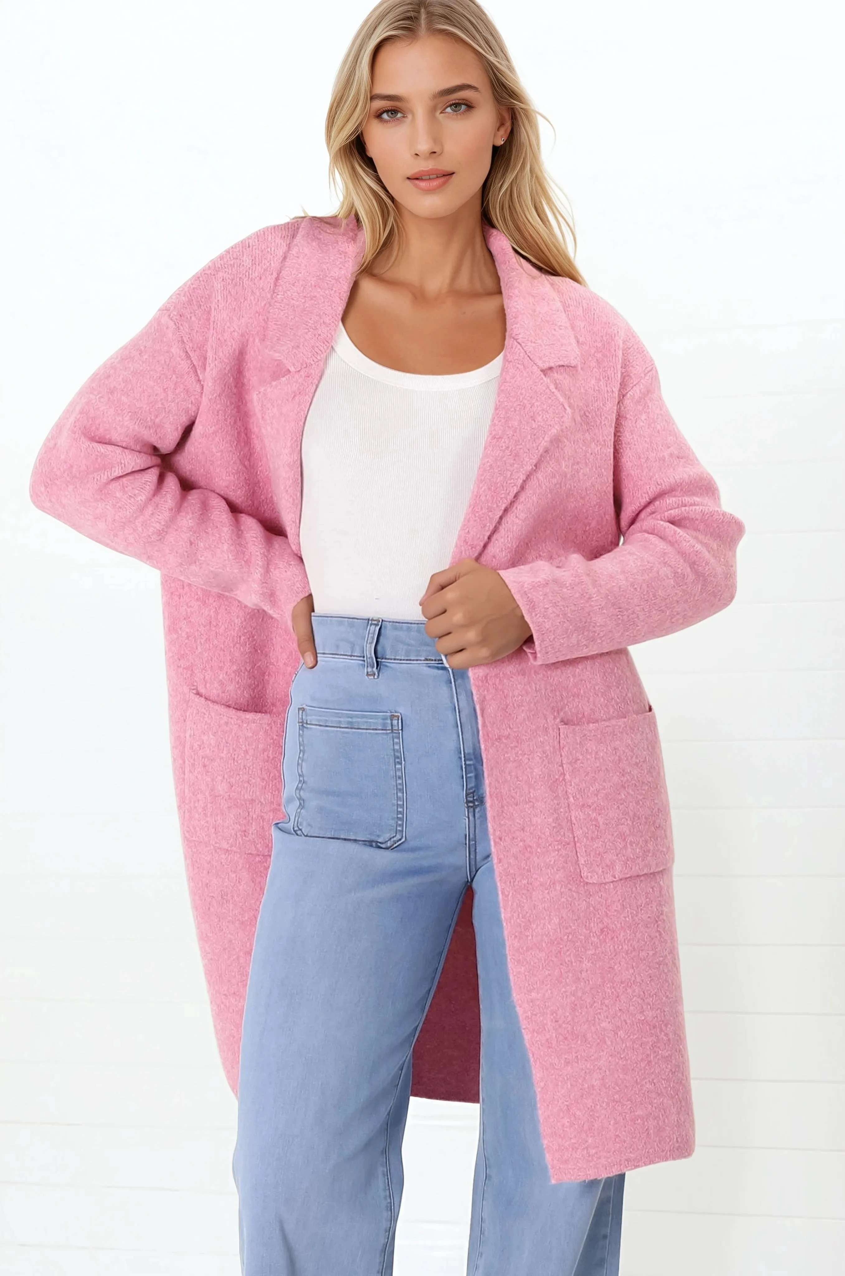 Samson Cardigan - Folded Lapel Collar Coatigan with Pockets in Pink sold by Salty Crush product image thumbnail 4