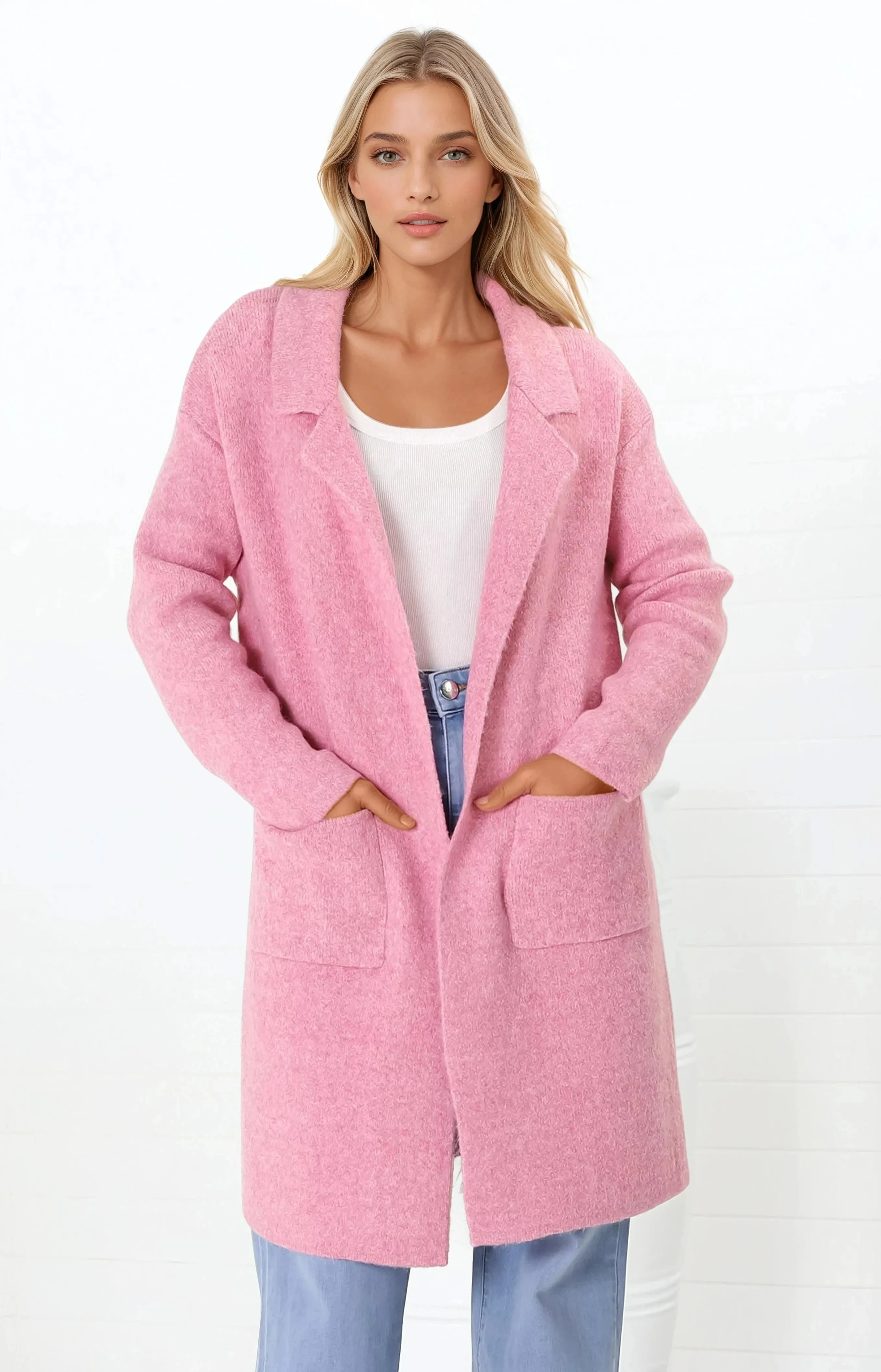 Samson Cardigan - Folded Lapel Collar Coatigan with Pockets in Pink sold by Salty Crush product image thumbnail 5