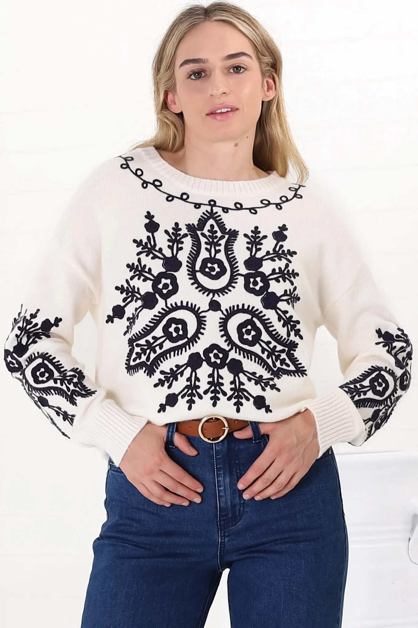 Giselle Jumper - Contrast Embroidery Crew Neck Jumper in Beige sold by Salty Crush product image thumbnail 5