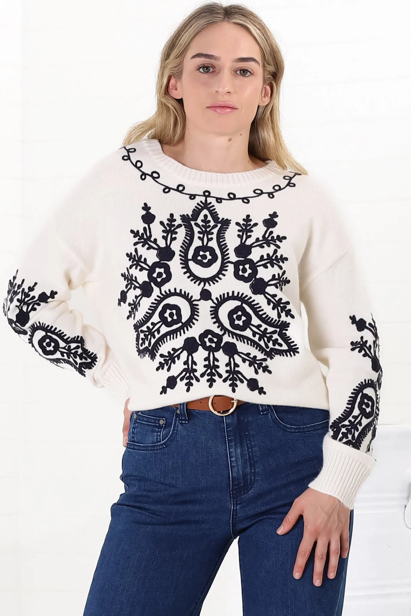 Giselle Jumper - Contrast Embroidery Crew Neck Jumper in Beige sold by Salty Crush product image thumbnail 3