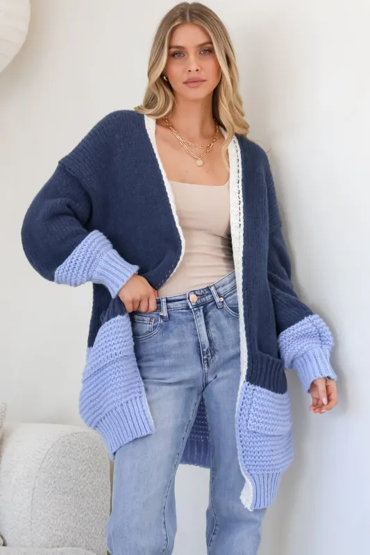 Bessie Cardigan - Color Block Open Knit in Blue sold by Salty Crush