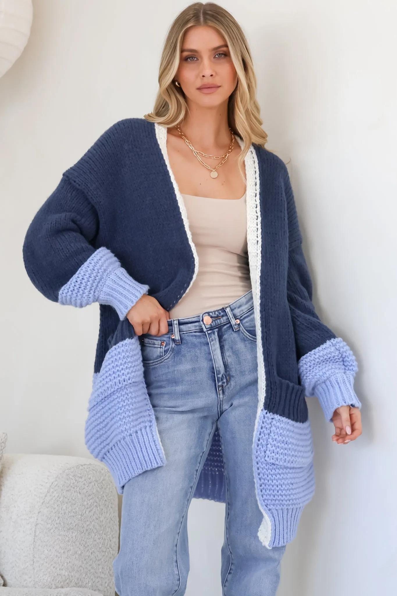 Bessie Cardigan - Color Block Open Knit in Blue sold by Salty Crush