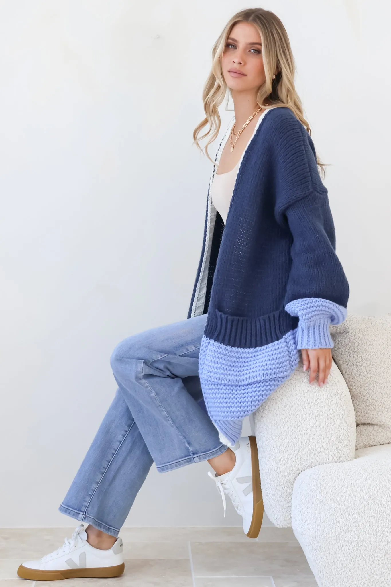 Bessie Cardigan - Color Block Open Knit in Blue sold by Salty Crush product image thumbnail 3