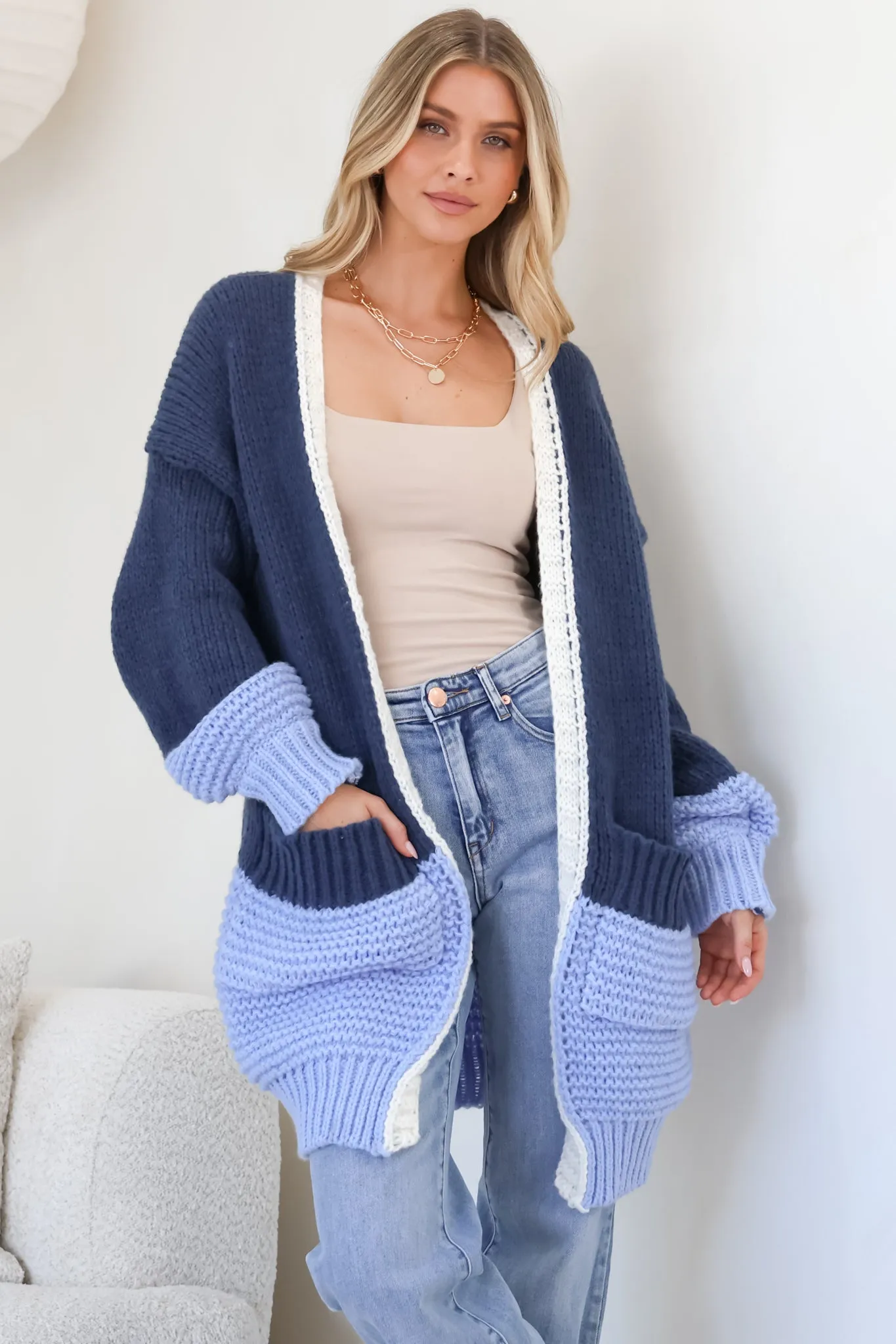 Bessie Cardigan - Color Block Open Knit in Blue sold by Salty Crush product image thumbnail 4