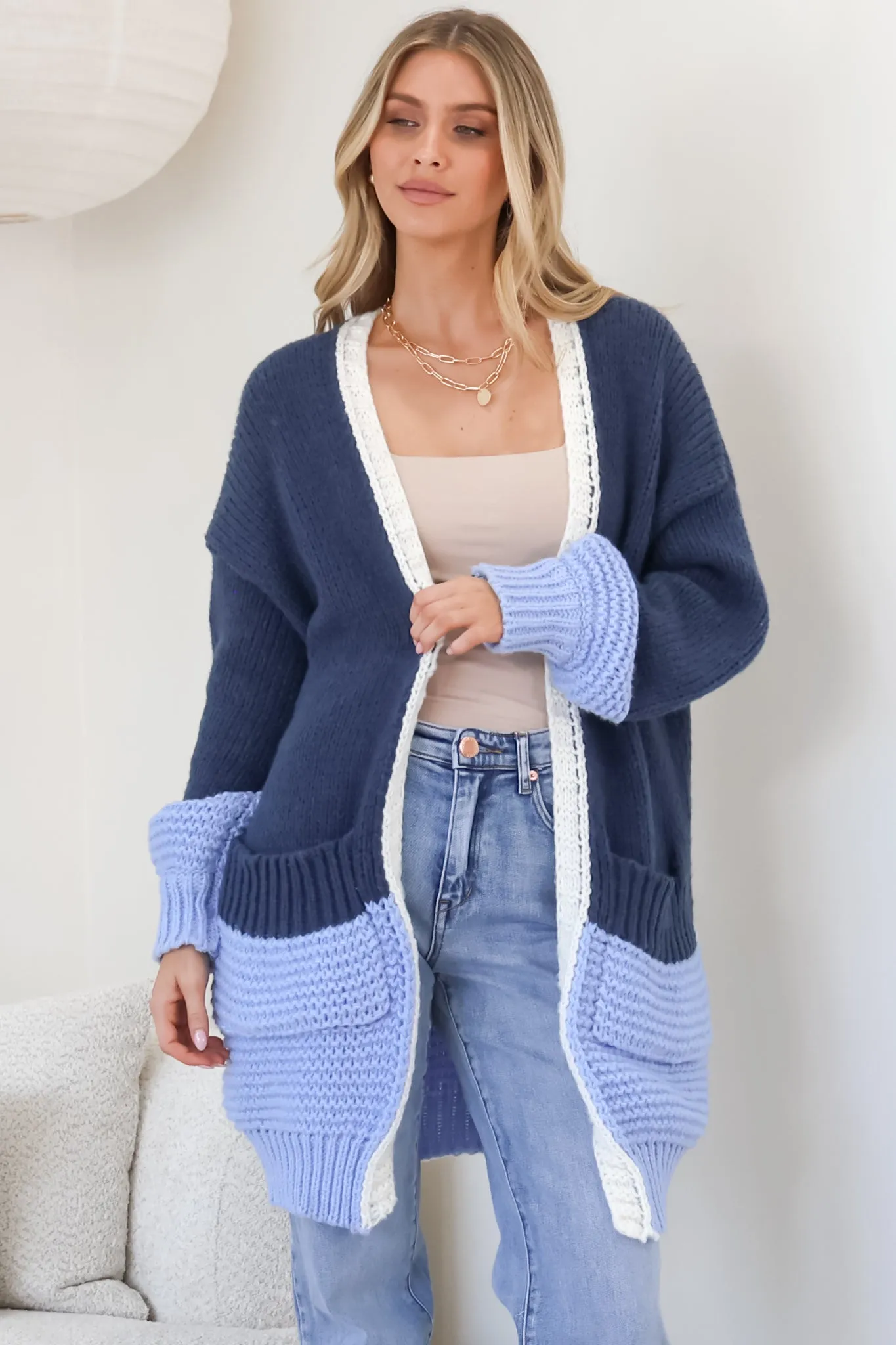 Bessie Cardigan - Color Block Open Knit in Blue sold by Salty Crush product image thumbnail 5