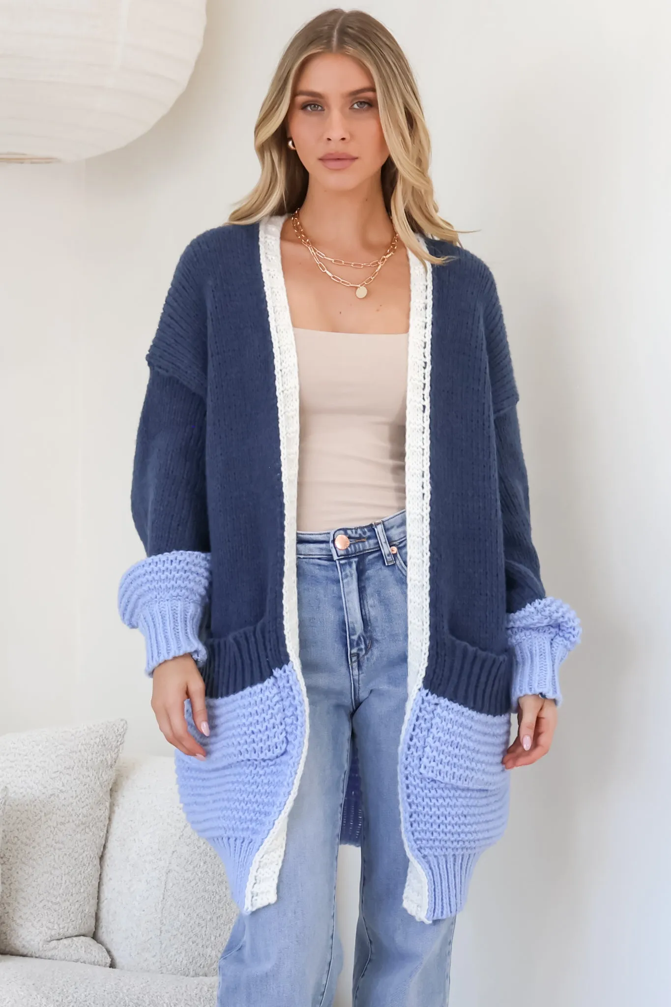 Bessie Cardigan - Color Block Open Knit in Blue sold by Salty Crush product image thumbnail 2