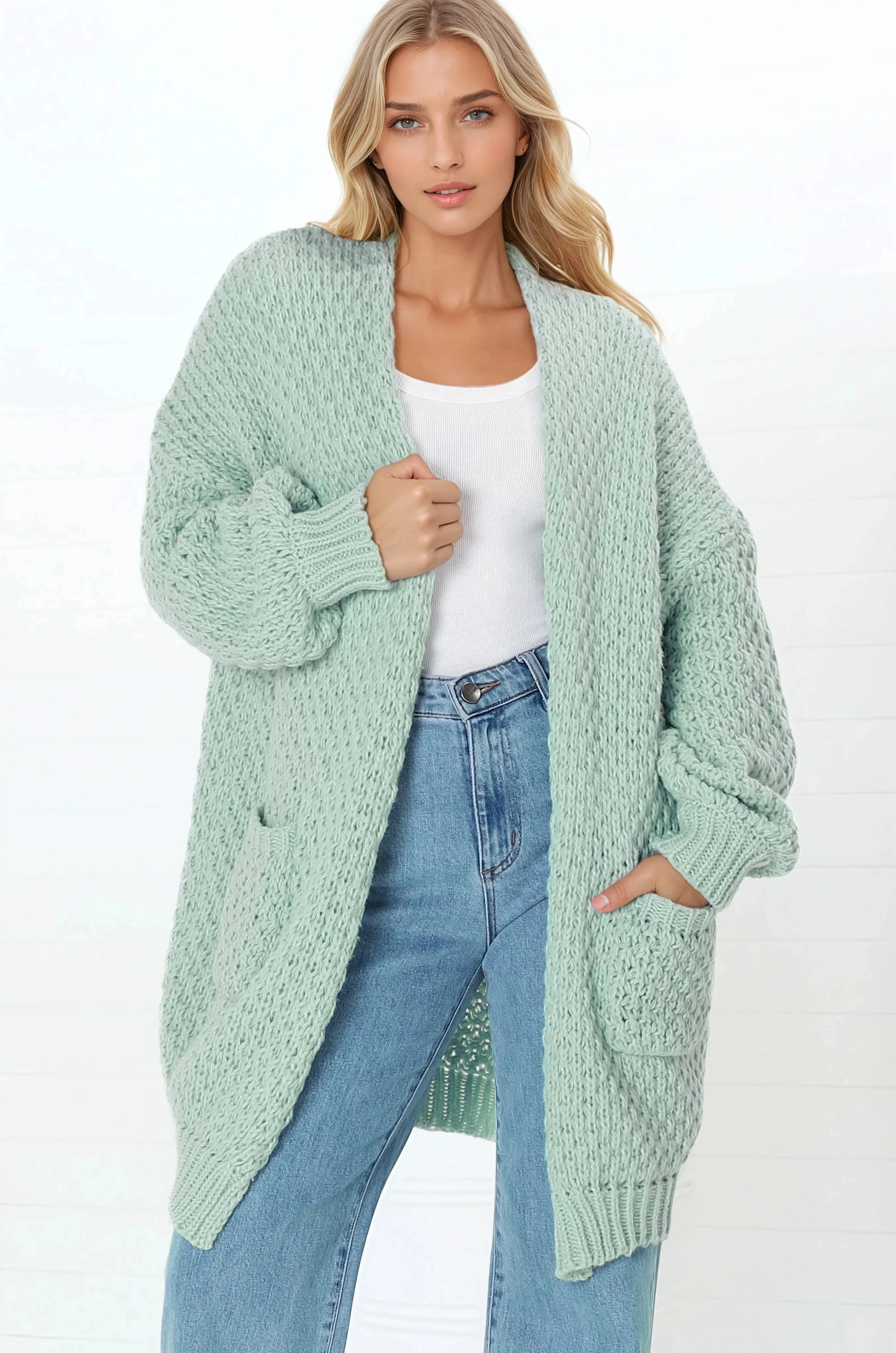 Ricki Cardigan - Open Front Chunky Knit Cardigan in Seafoam Green sold by Salty Crush