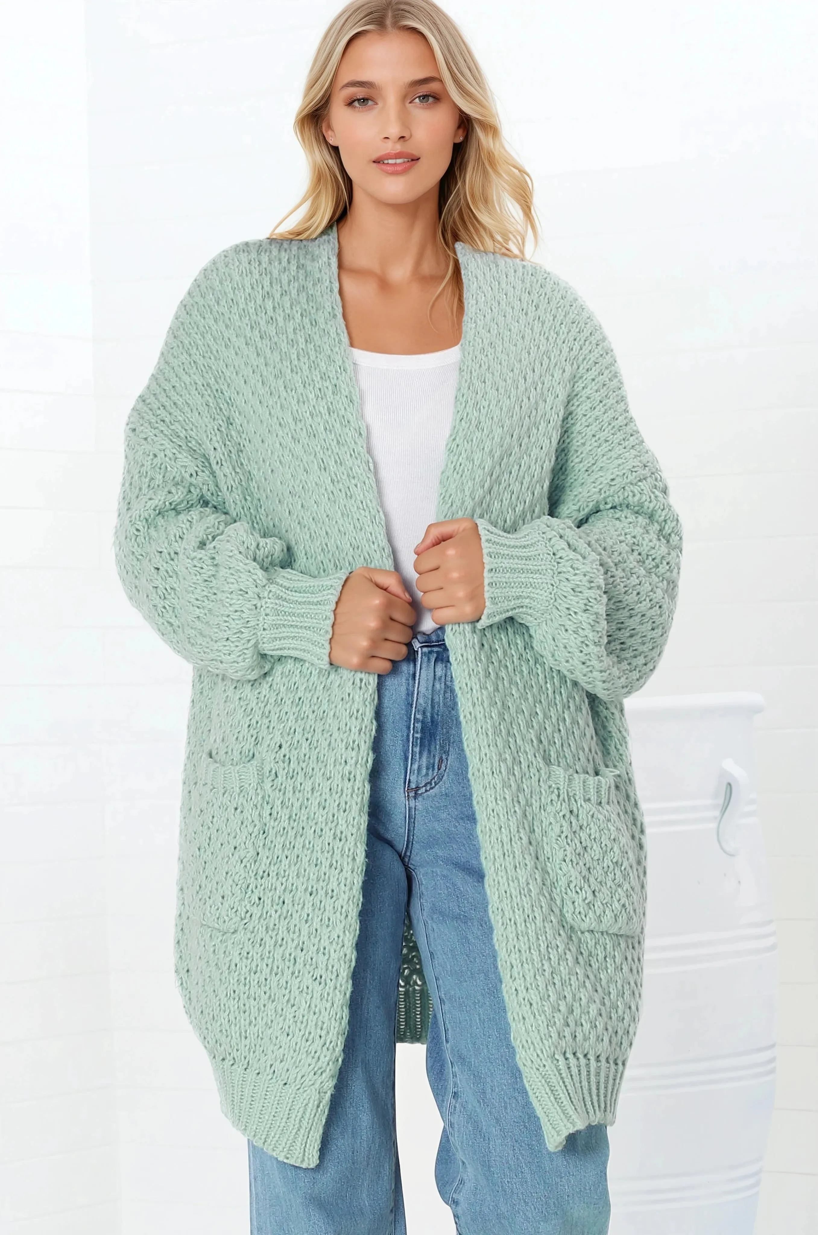 Ricki Cardigan - Open Front Chunky Knit Cardigan in Seafoam Green sold by Salty Crush product image thumbnail 4