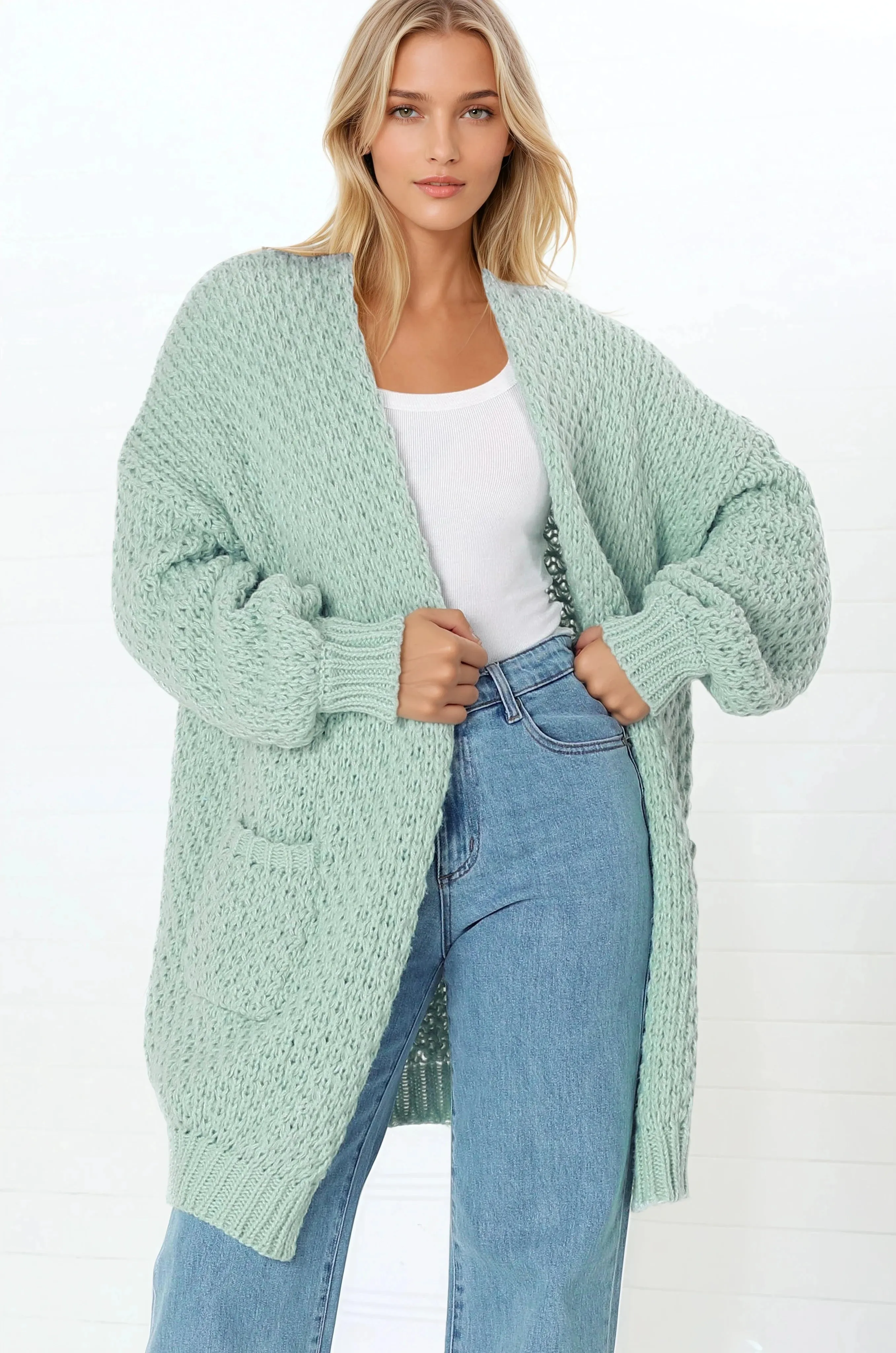 Ricki Cardigan - Open Front Chunky Knit Cardigan in Seafoam Green sold by Salty Crush product image thumbnail 2