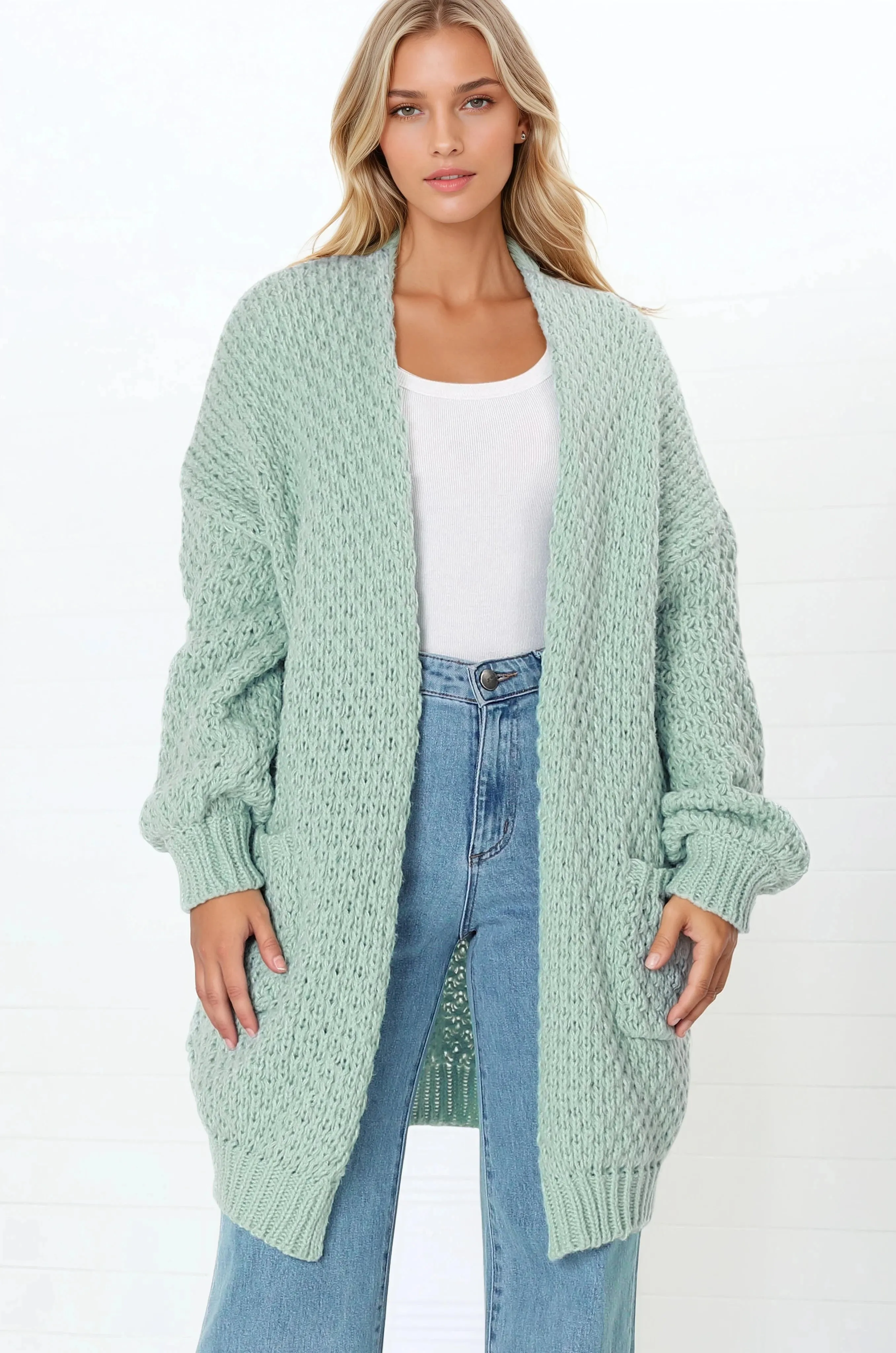 Ricki Cardigan - Open Front Chunky Knit Cardigan in Seafoam Green sold by Salty Crush product image thumbnail 3