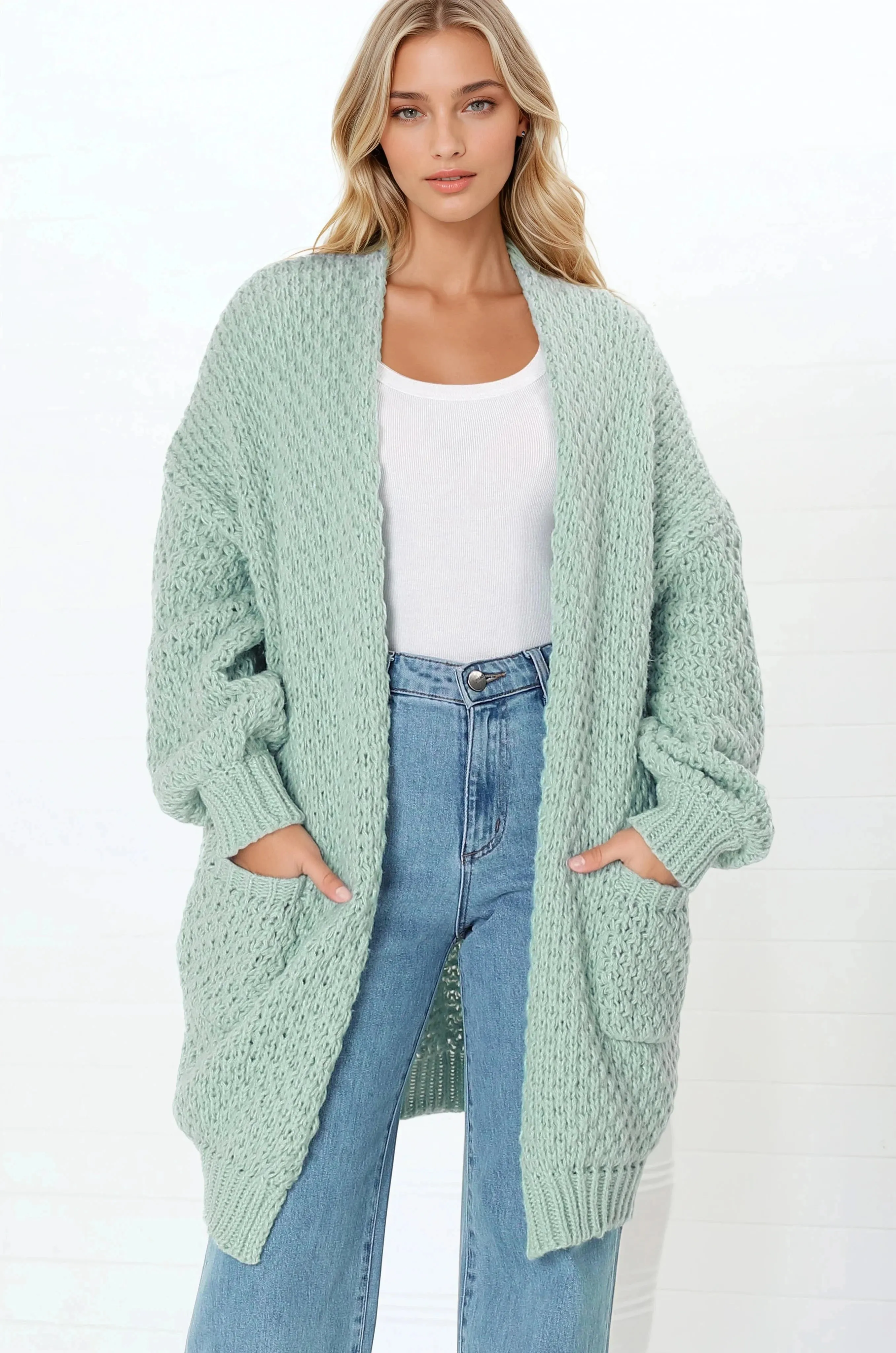 Ricki Cardigan - Open Front Chunky Knit Cardigan in Seafoam Green sold by Salty Crush product image thumbnail 5