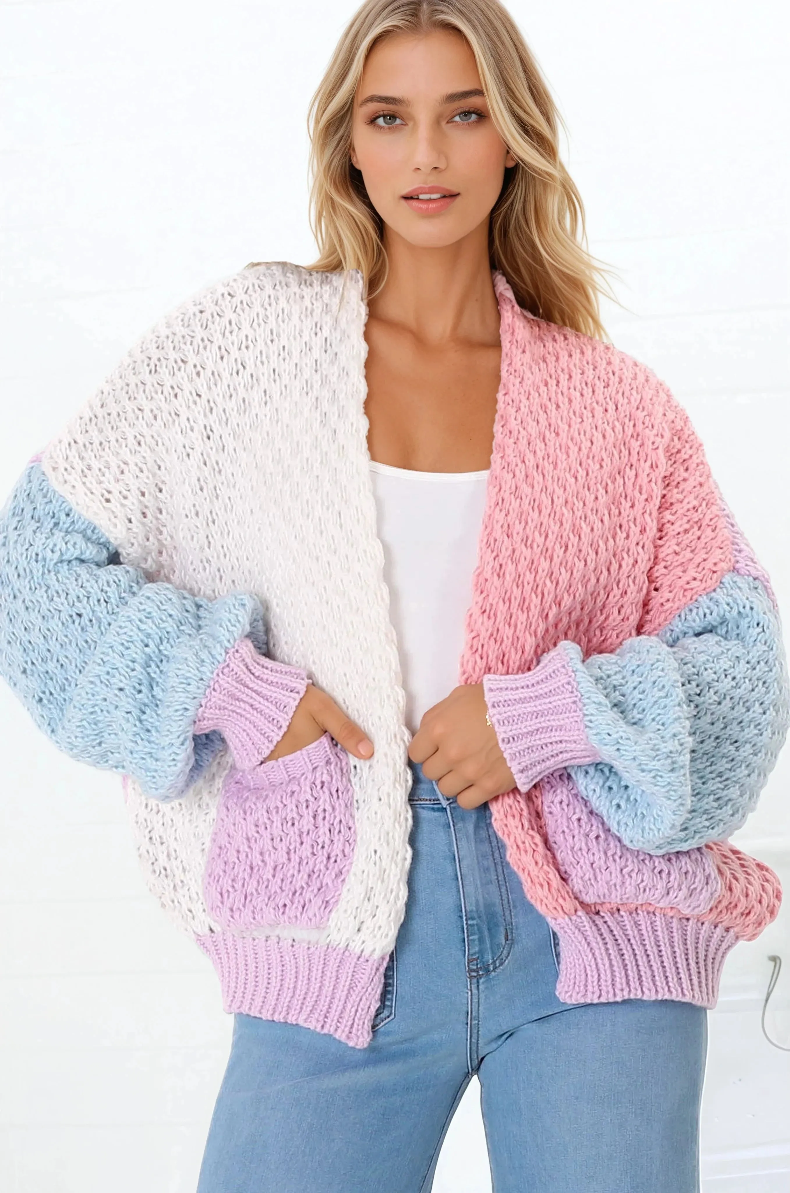 Stacey Cardigan - Waffle Knit Color Block Crop Cardigan in Pink/Purple sold by Salty Crush product image thumbnail 3