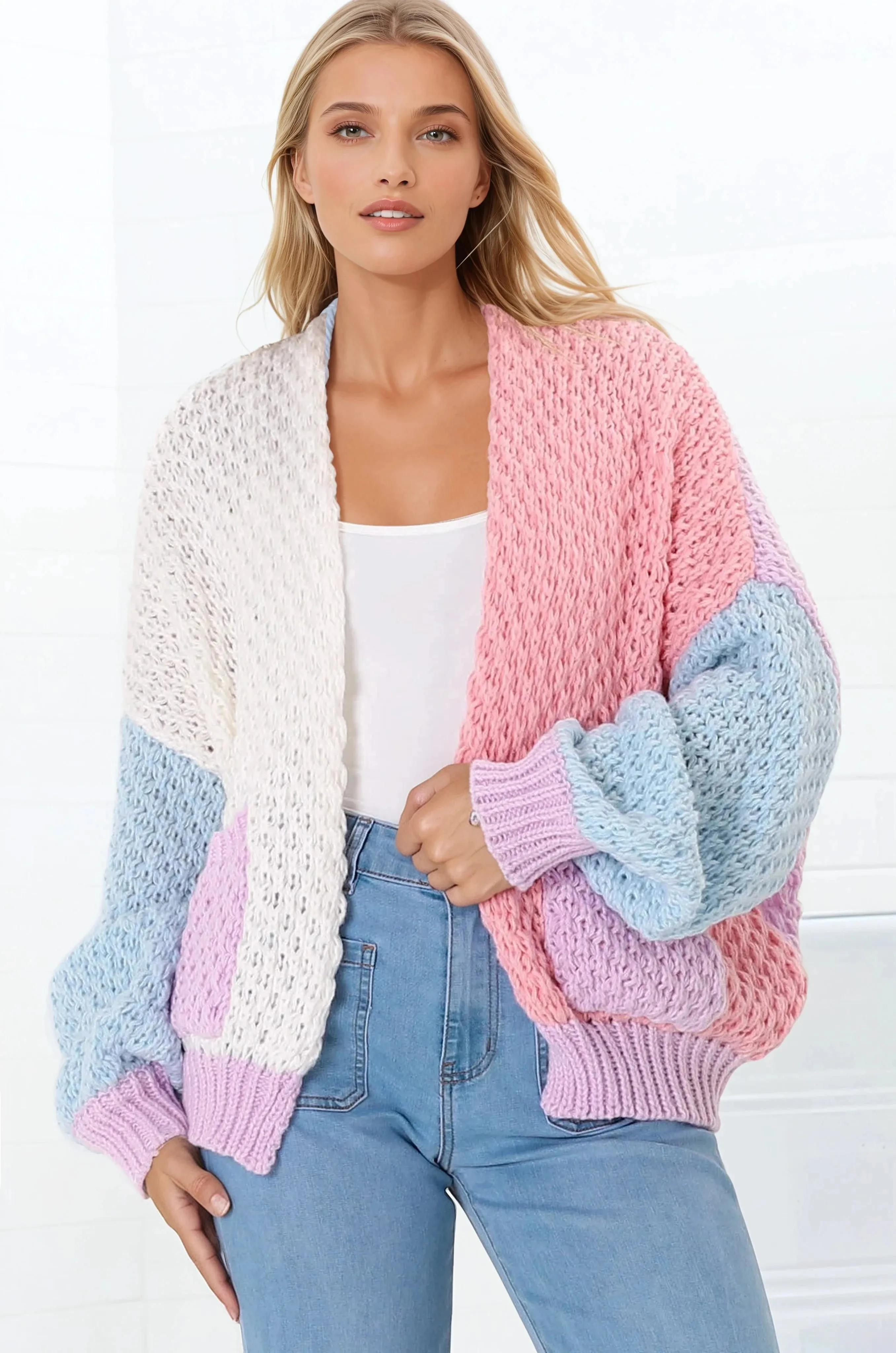 Stacey Cardigan - Waffle Knit Color Block Crop Cardigan in Pink/Purple sold by Salty Crush product image thumbnail 4