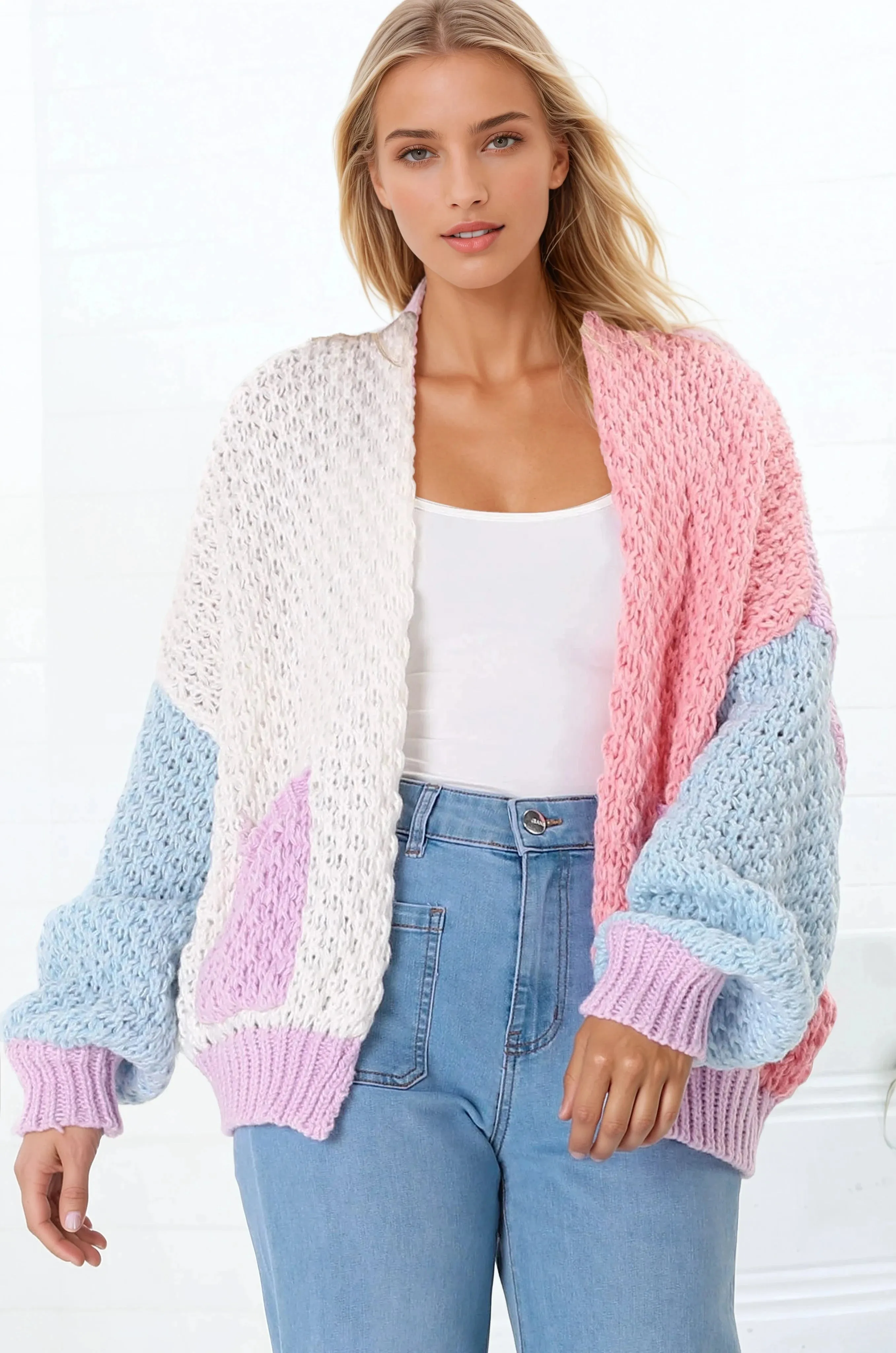 Stacey Cardigan - Waffle Knit Color Block Crop Cardigan in Pink/Purple sold by Salty Crush product image thumbnail 2