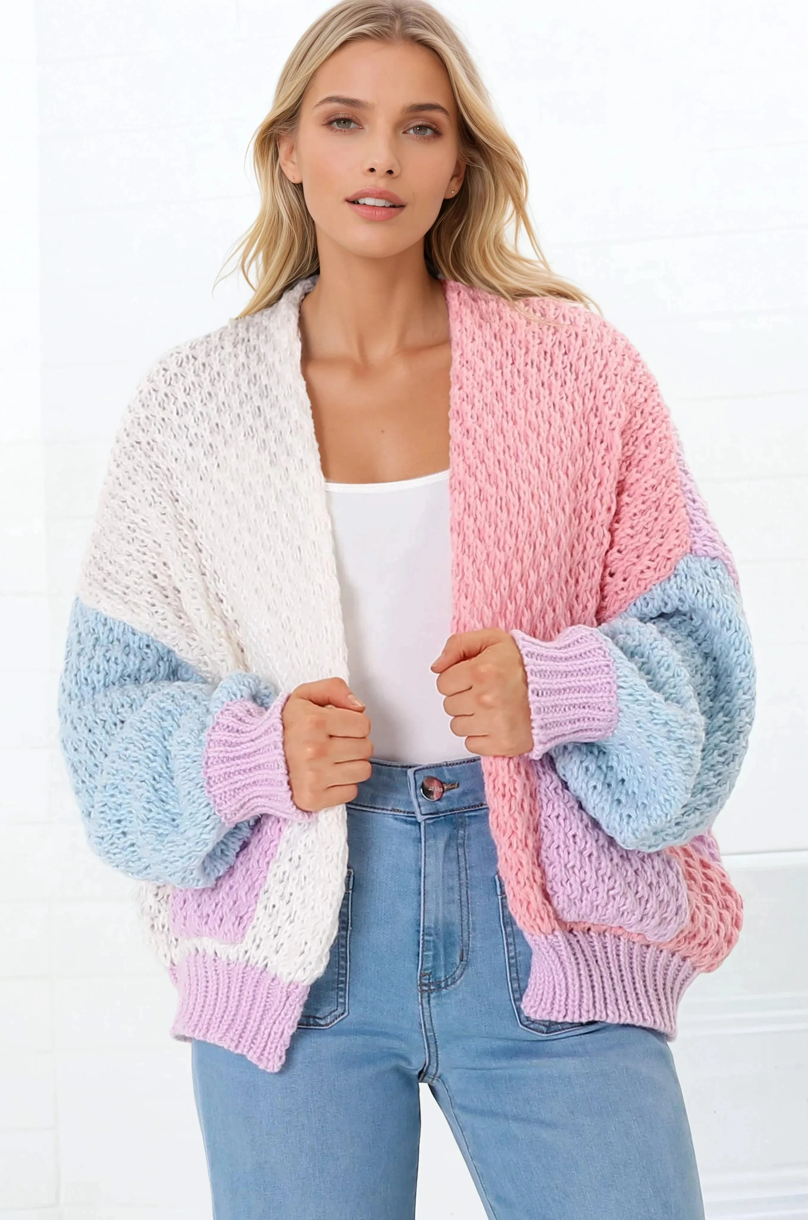 Stacey Cardigan - Waffle Knit Color Block Crop Cardigan in Pink/Purple sold by Salty Crush product image thumbnail 5
