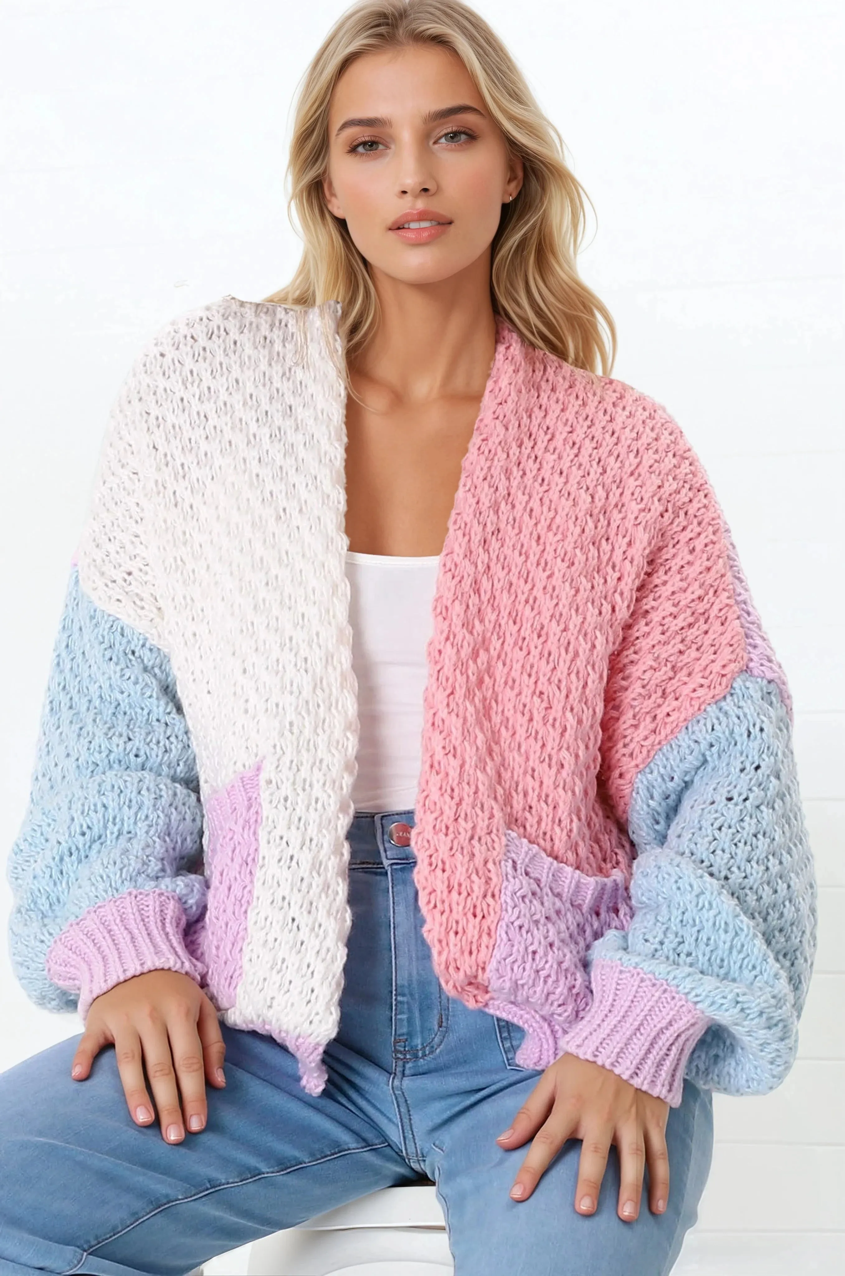 Stacey Cardigan - Waffle Knit Color Block Crop Cardigan in Pink/Purple sold by Salty Crush