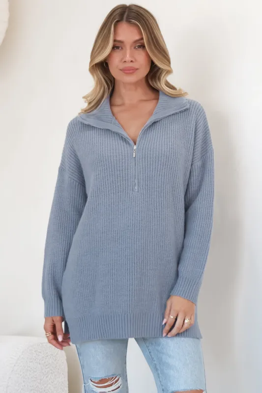 Lorelai Jumper - Chunky Collar with Zipper Detail Long Knit Jumper in Blue sold by Salty Crush