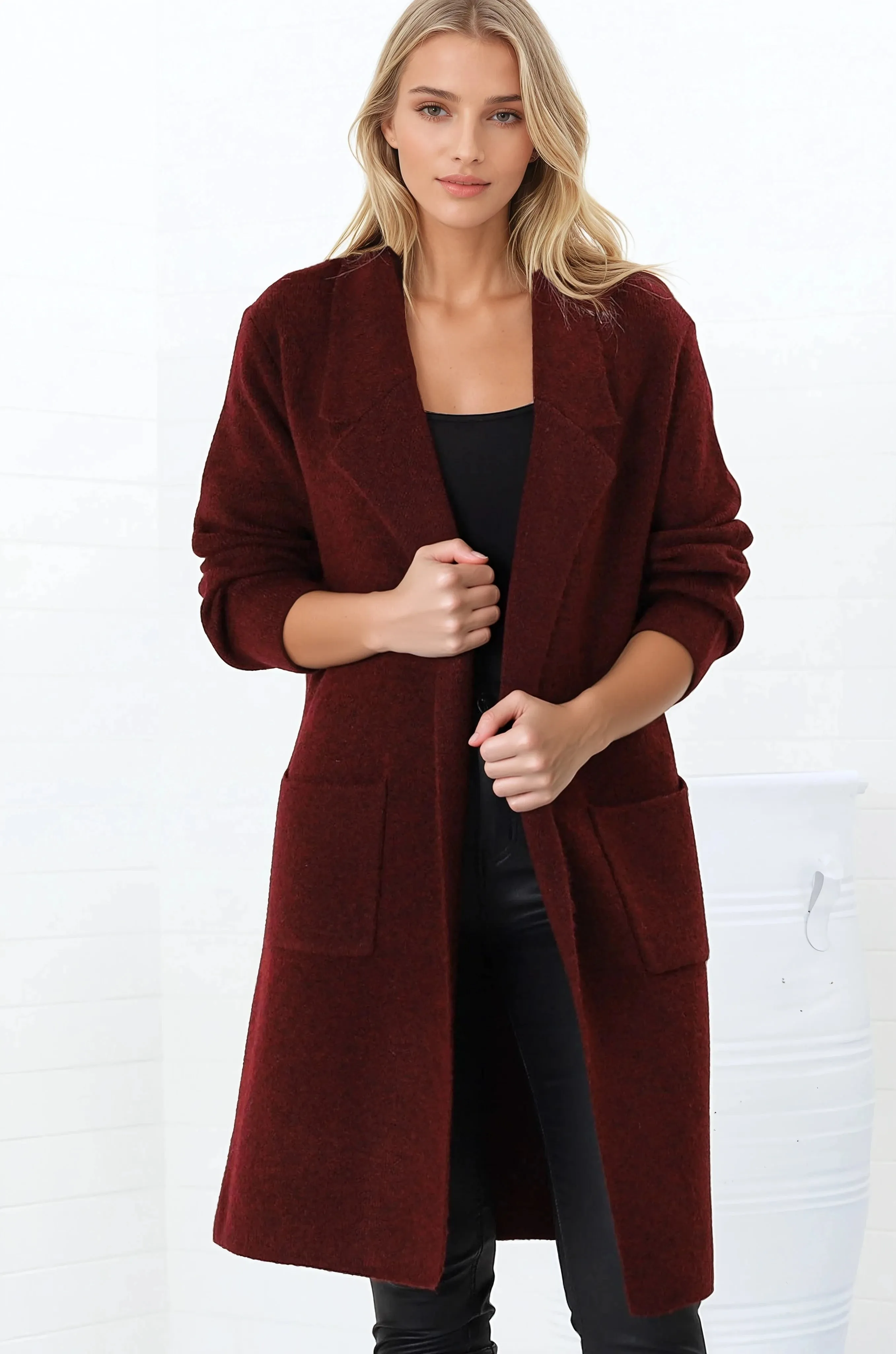 Samson Cardigan - Folded Lapel Collar Coatigan with Pockets in Wine sold by Salty Crush product image thumbnail 2