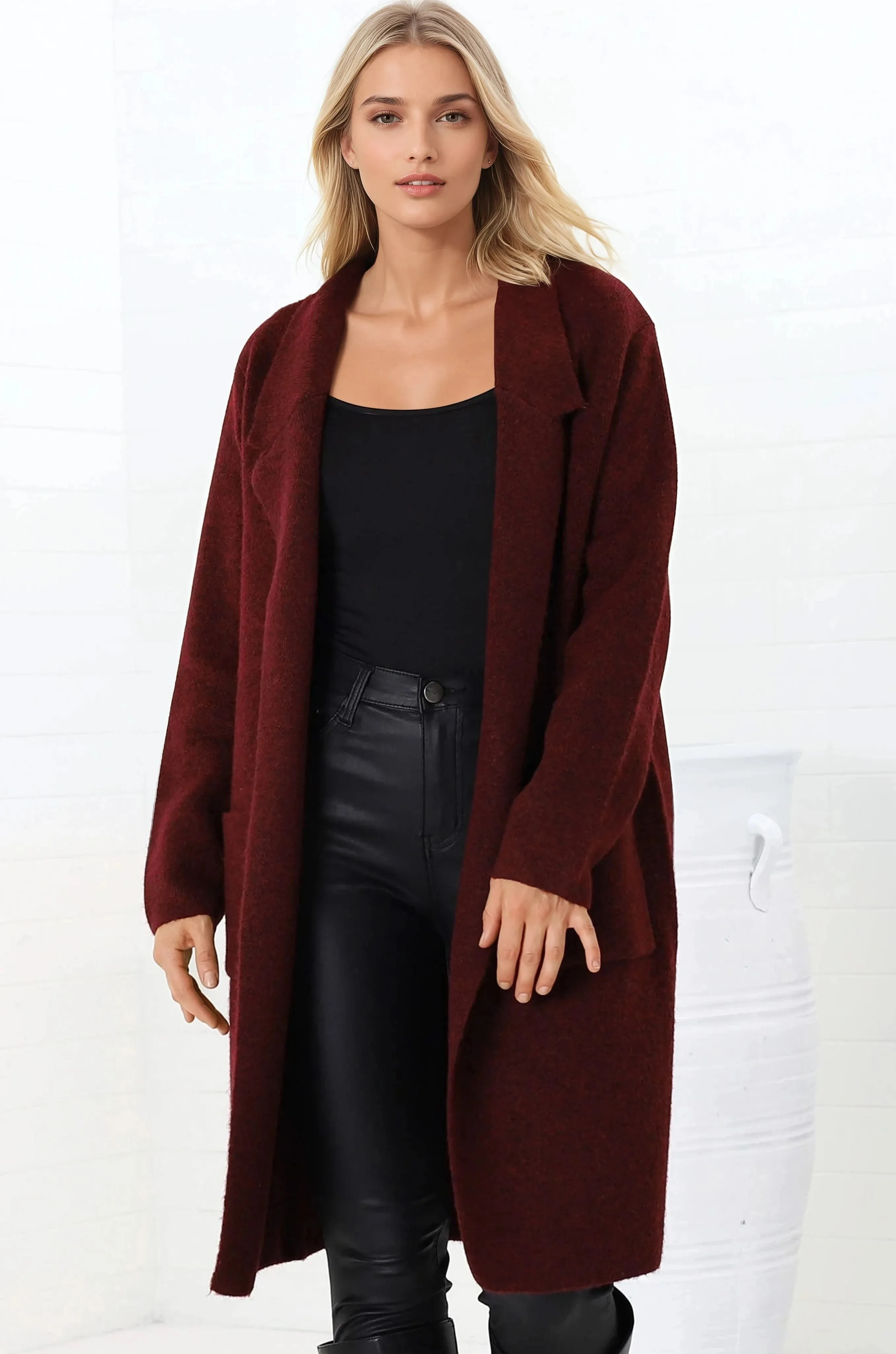 Samson Cardigan - Folded Lapel Collar Coatigan with Pockets in Wine sold by Salty Crush product image thumbnail 4