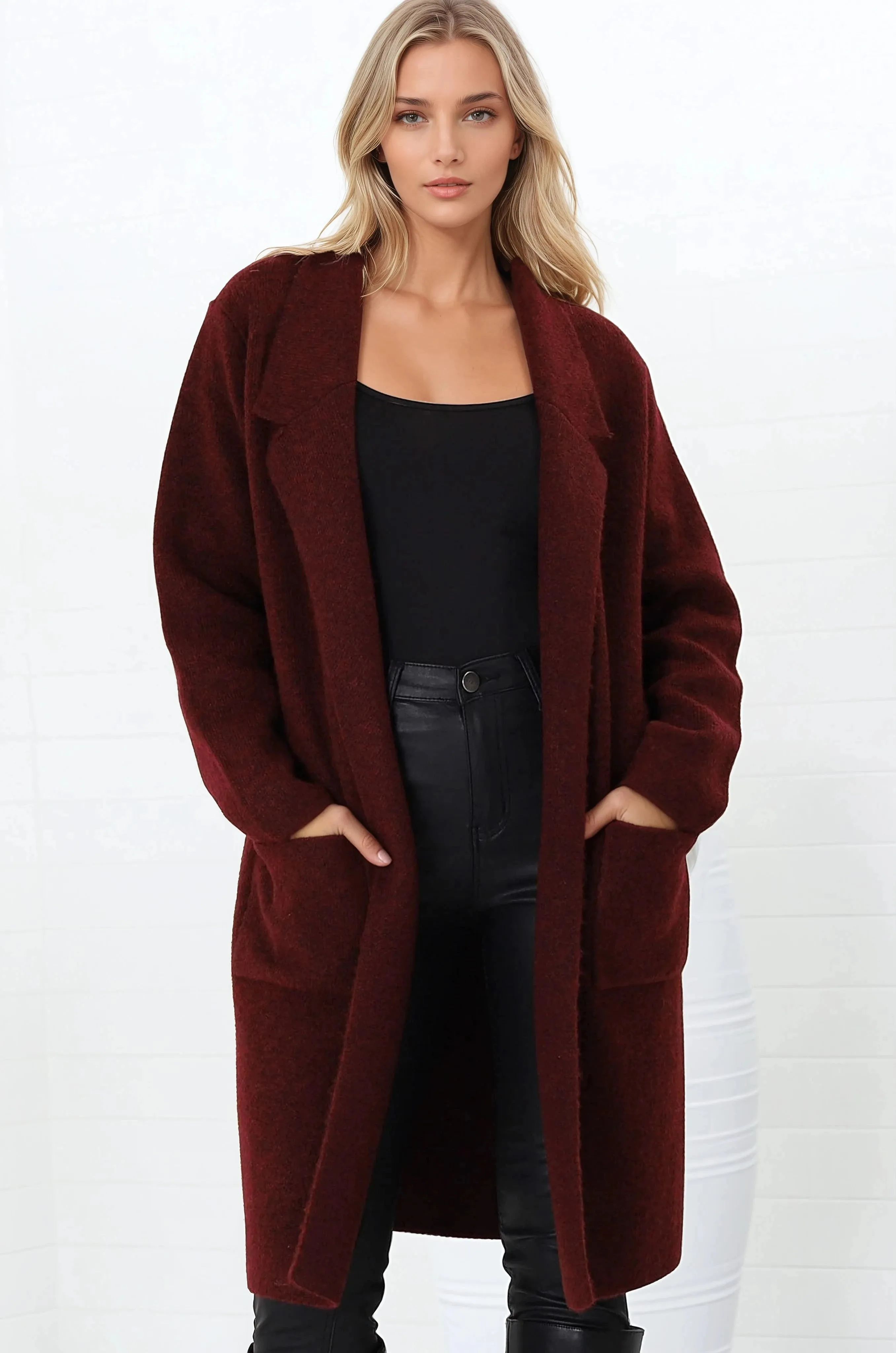 Samson Cardigan - Folded Lapel Collar Coatigan with Pockets in Wine sold by Salty Crush product image thumbnail 5
