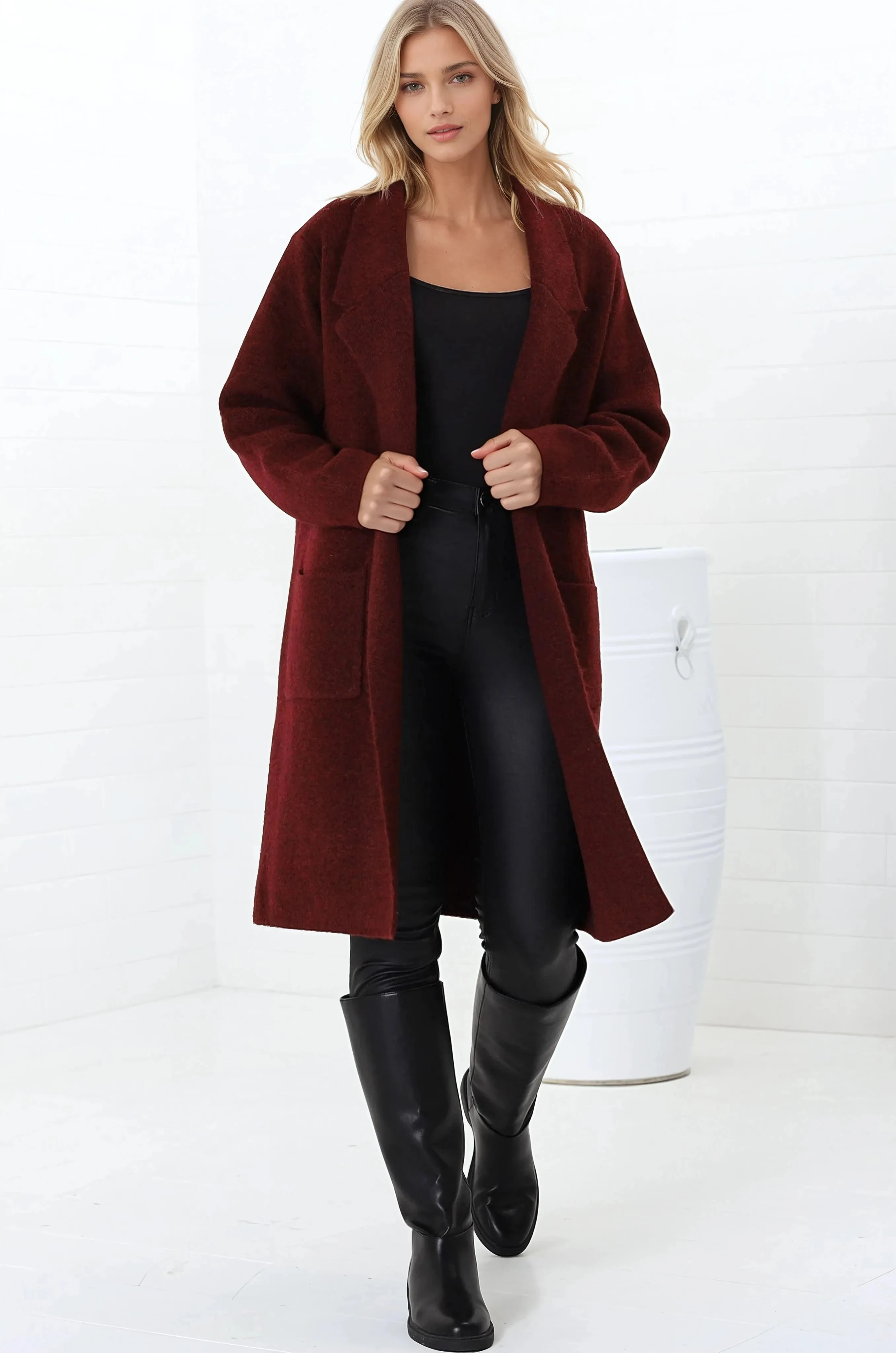 Samson Cardigan - Folded Lapel Collar Coatigan with Pockets in Wine sold by Salty Crush