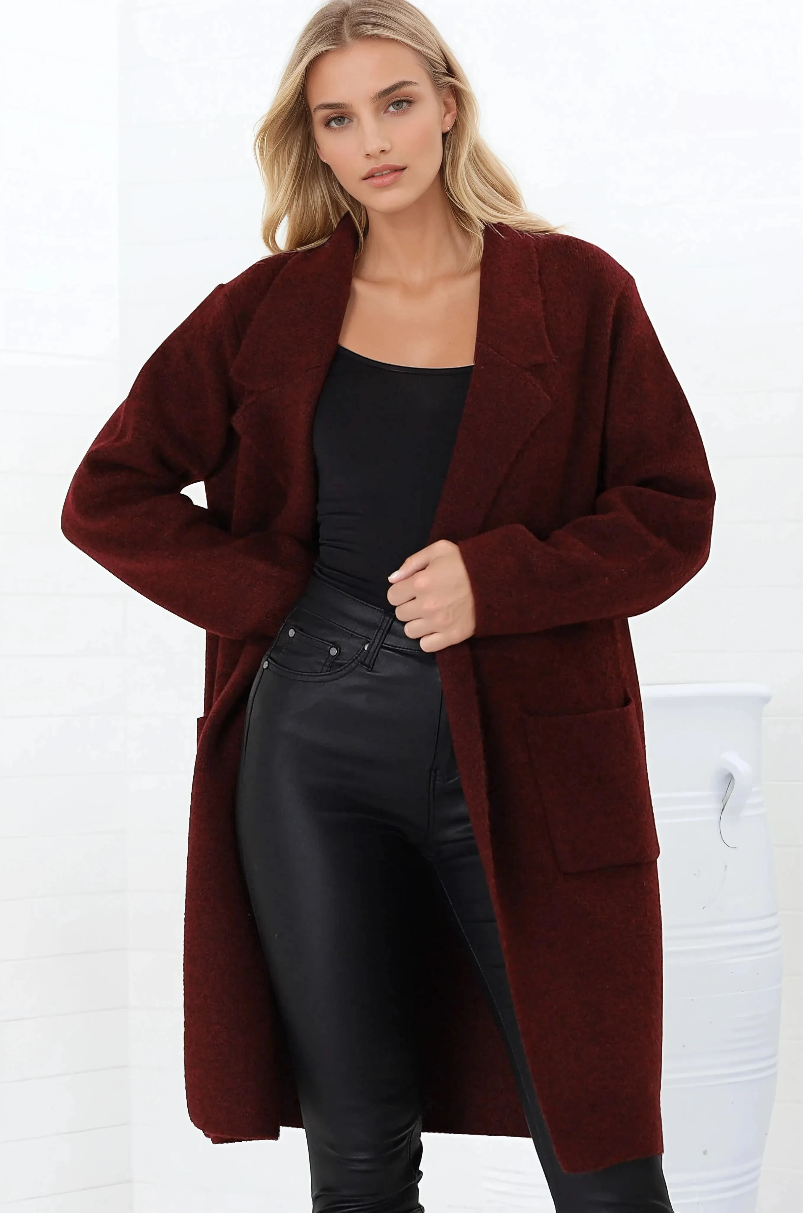 Samson Cardigan - Folded Lapel Collar Coatigan with Pockets in Wine sold by Salty Crush product image thumbnail 3