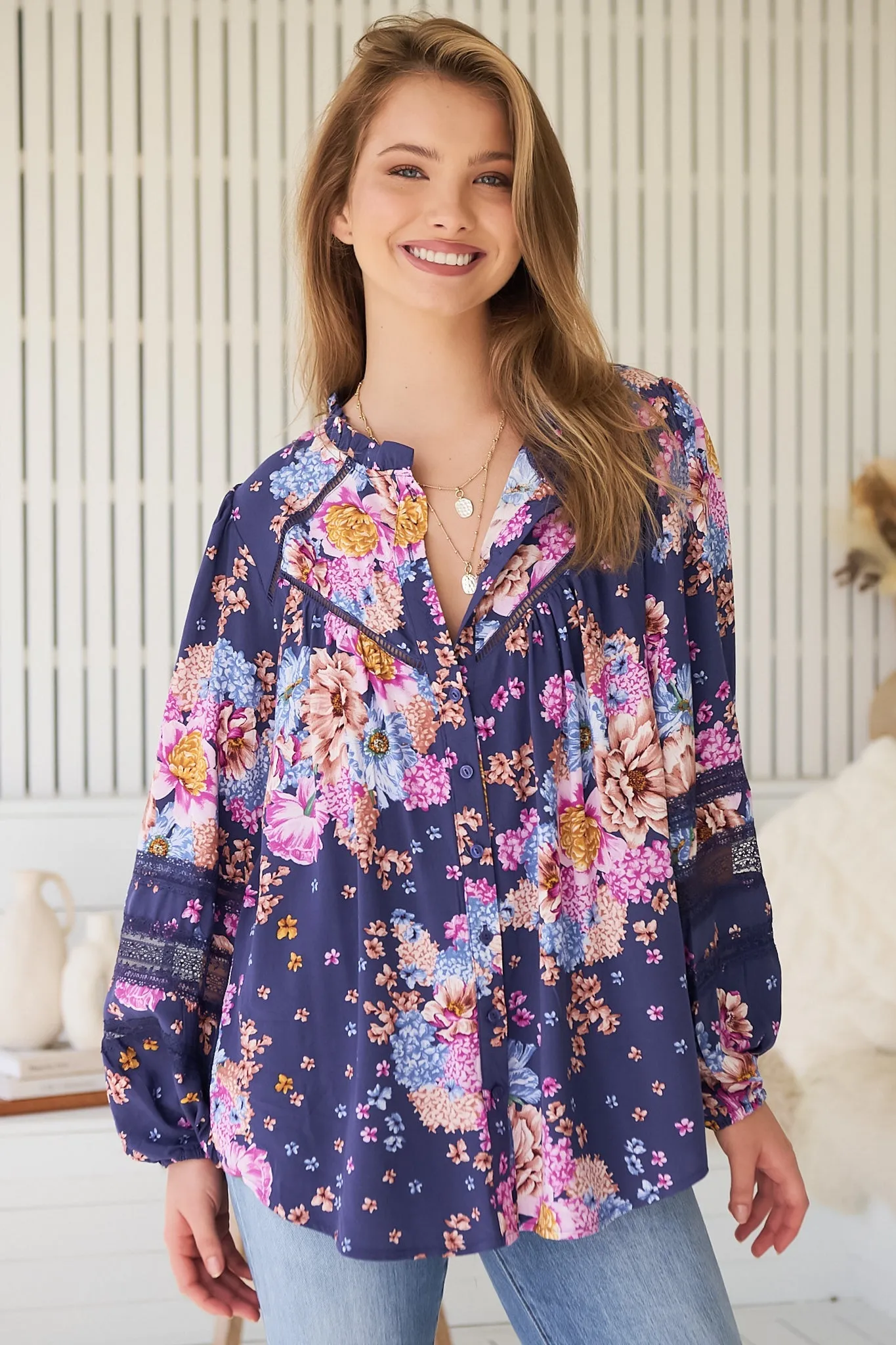 Eliza Blouse - Frill Collar Button Down Lace Detailed Blouse in Wild Whim Print sold by Salty Crush product image thumbnail 5