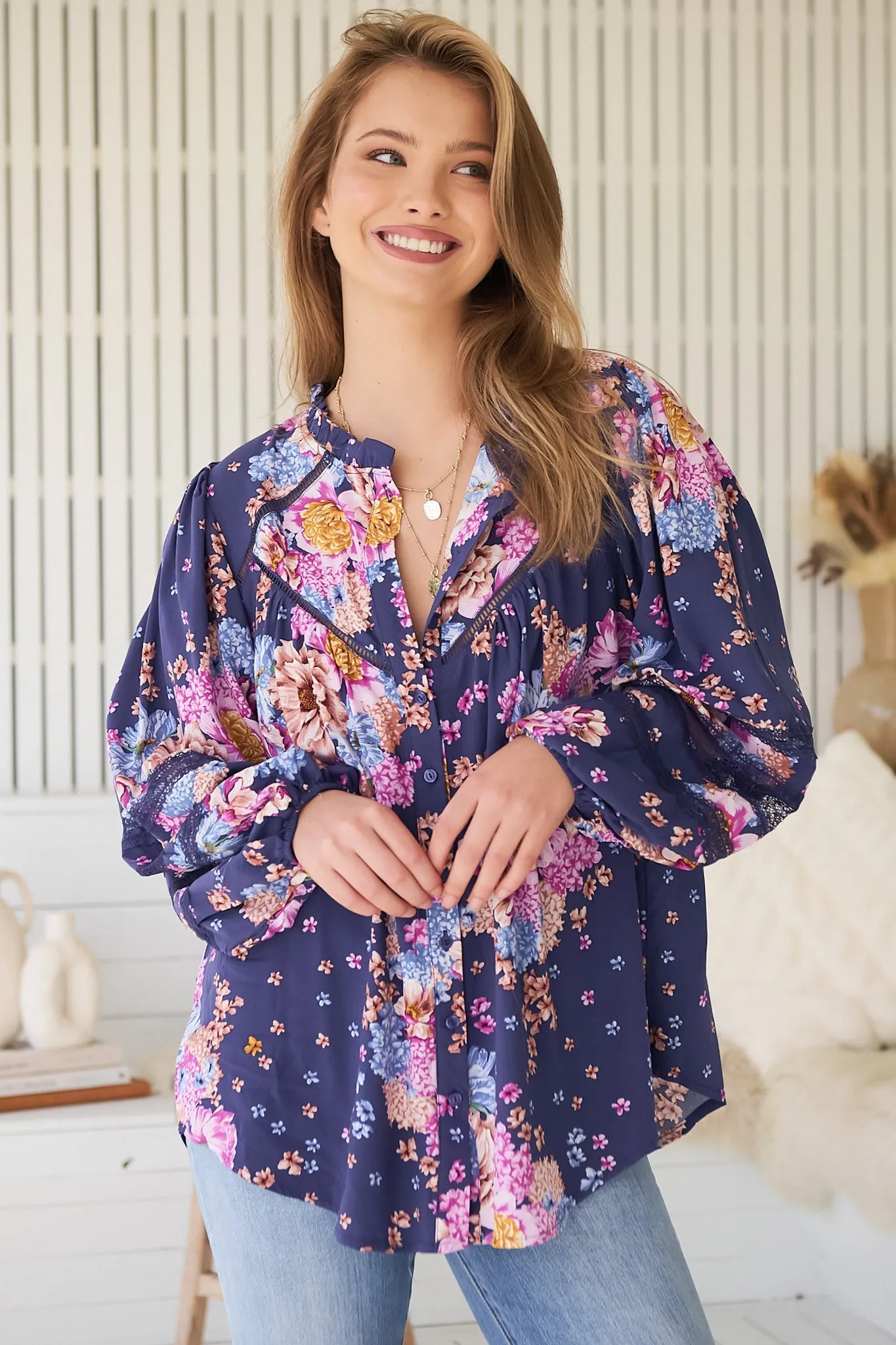 Eliza Blouse - Frill Collar Button Down Lace Detailed Blouse in Wild Whim Print sold by Salty Crush product image thumbnail 3