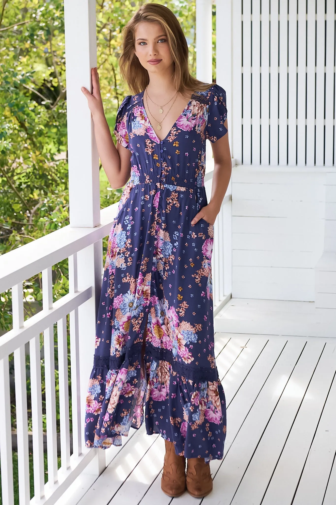 Carmen Maxi Dress - Butterfly Cap Sleeve Button Down A Line Dress with Lace Trim in Wild Whim Print sold by Salty Crush product image thumbnail 4