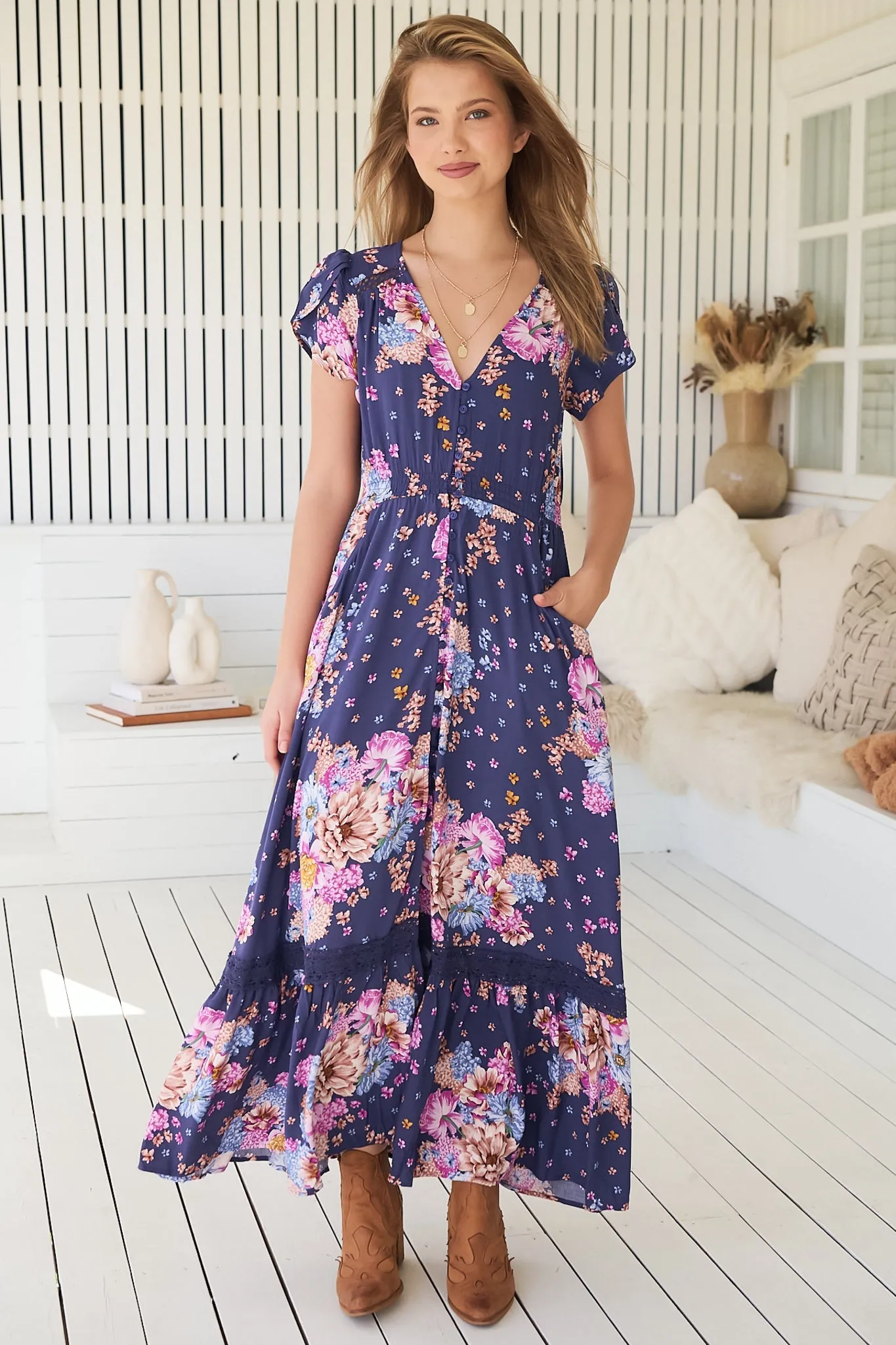 Carmen Maxi Dress - Butterfly Cap Sleeve Button Down A Line Dress with Lace Trim in Wild Whim Print sold by Salty Crush