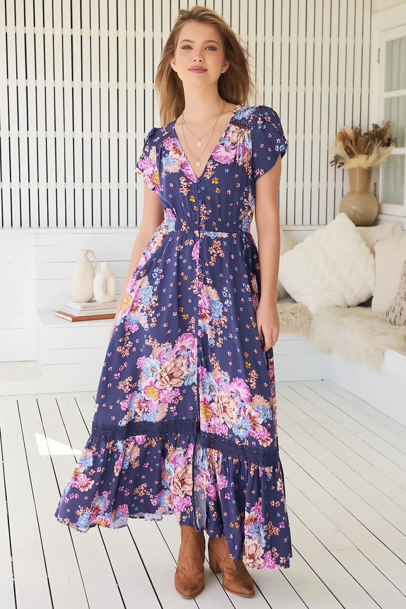 Carmen Maxi Dress - Butterfly Cap Sleeve Button Down A Line Dress with Lace Trim in Wild Whim Print sold by Salty Crush product image thumbnail 5