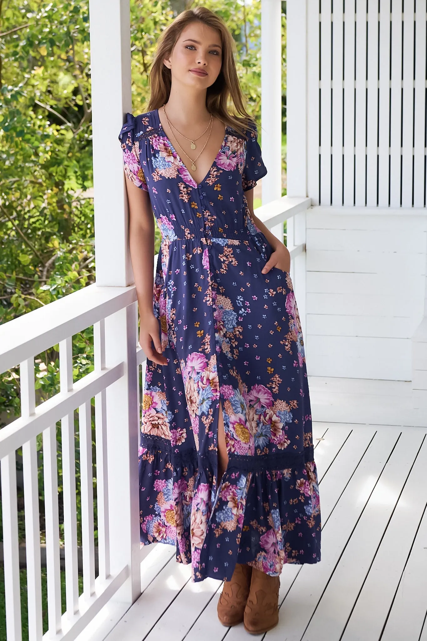 Carmen Maxi Dress - Butterfly Cap Sleeve Button Down A Line Dress with Lace Trim in Wild Whim Print sold by Salty Crush product image thumbnail 2