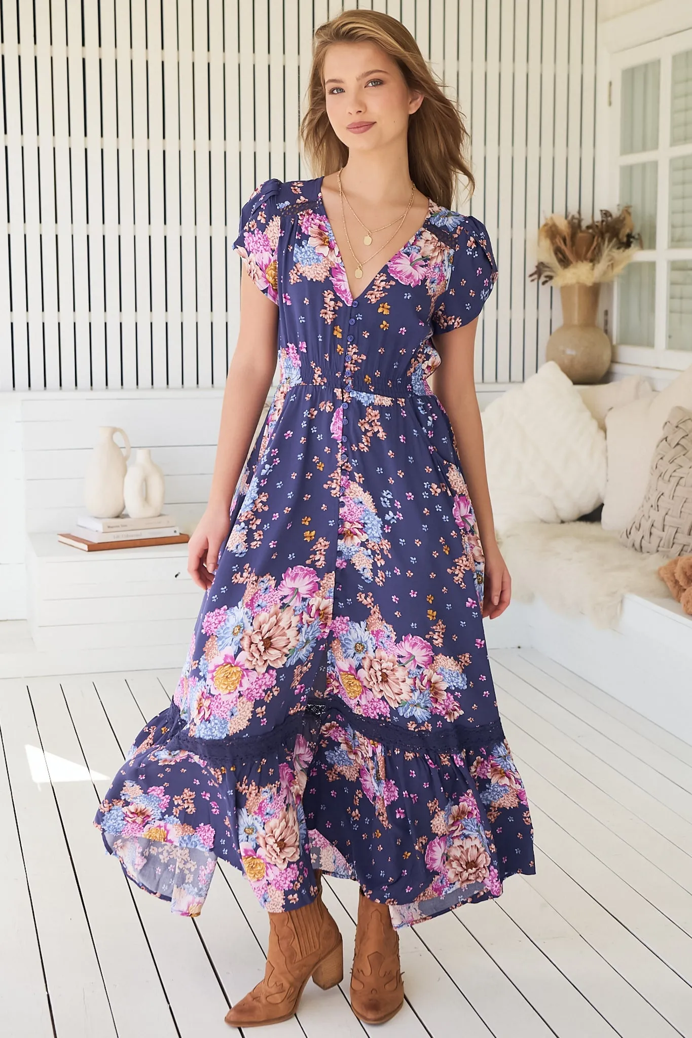 Carmen Maxi Dress - Butterfly Cap Sleeve Button Down A Line Dress with Lace Trim in Wild Whim Print sold by Salty Crush product image thumbnail 3