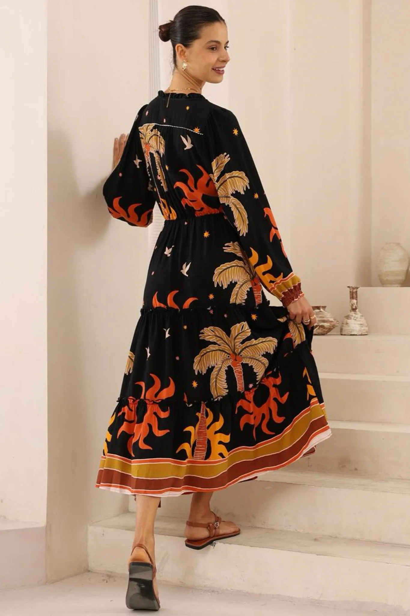 Louelle Maxi Dress - Frill Collar Pull Tie Waist A Line Dress in Midnight Desert Print sold by Salty Crush product image thumbnail 3