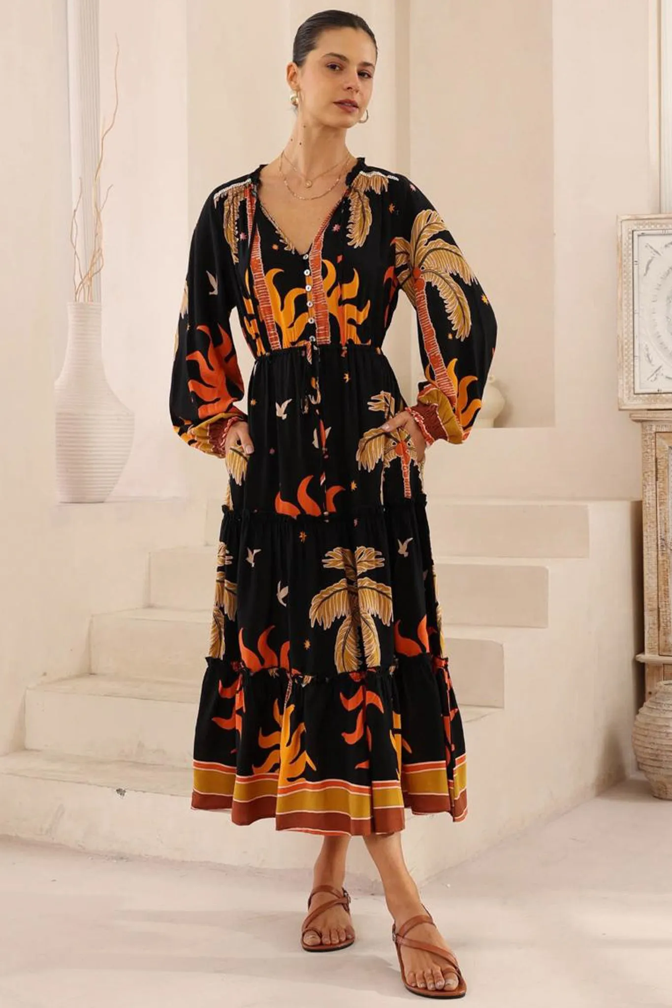 Louelle Maxi Dress - Frill Collar Pull Tie Waist A Line Dress in Midnight Desert Print sold by Salty Crush