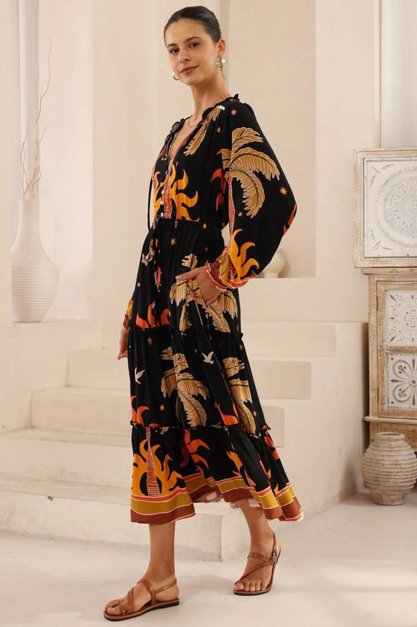 Louelle Maxi Dress - Frill Collar Pull Tie Waist A Line Dress in Midnight Desert Print sold by Salty Crush product image thumbnail 2