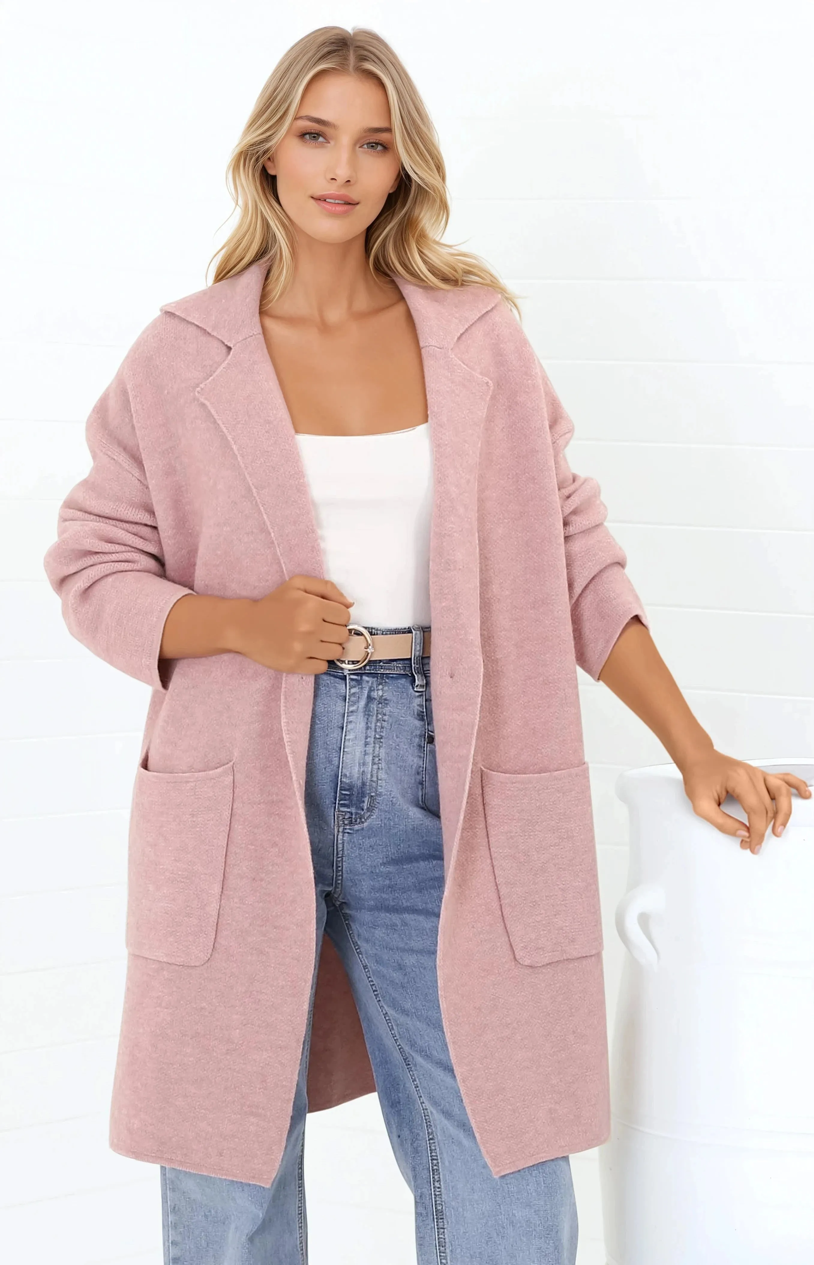 Annie Cardigan - Folded Collar Coatigan with Pockets in Pink sold by Salty Crush product image thumbnail 3