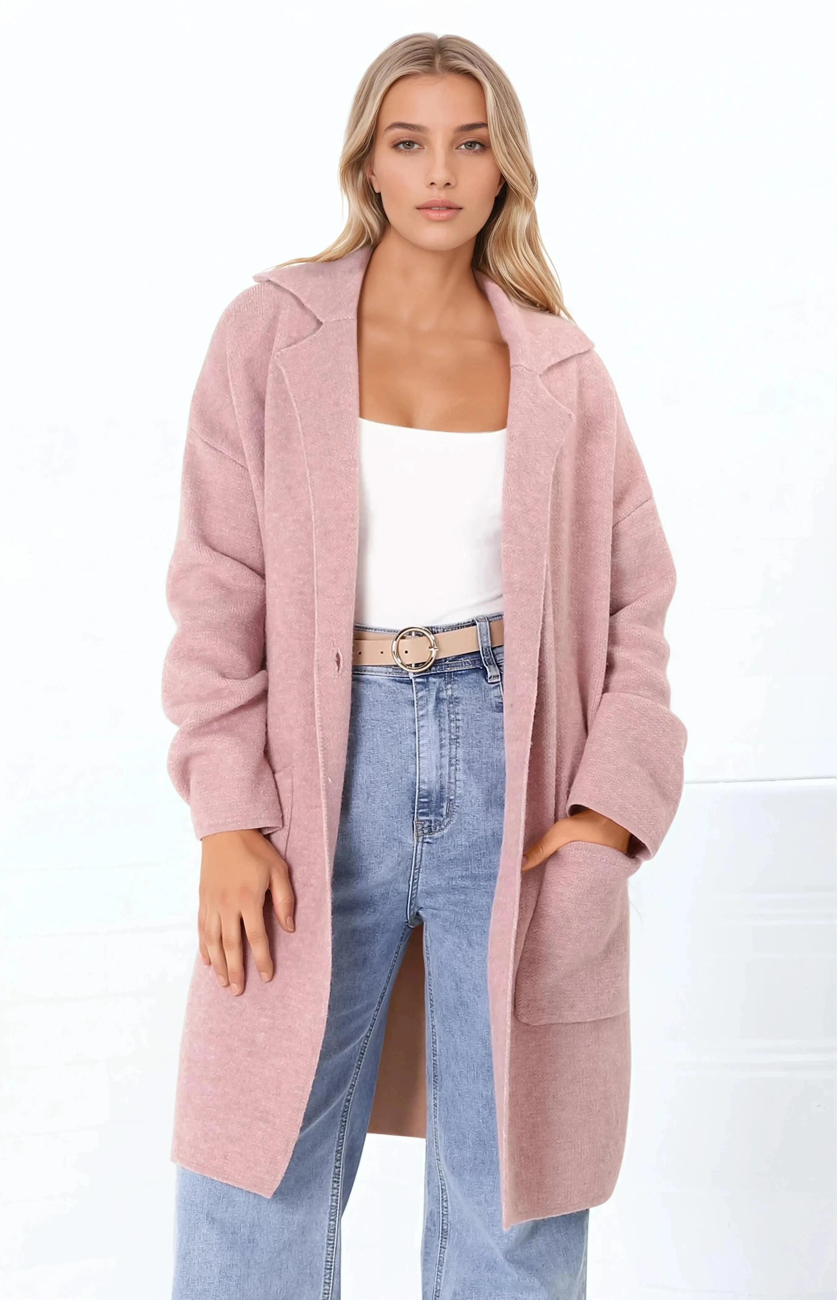 Annie Cardigan - Folded Collar Coatigan with Pockets in Pink sold by Salty Crush product image thumbnail 5