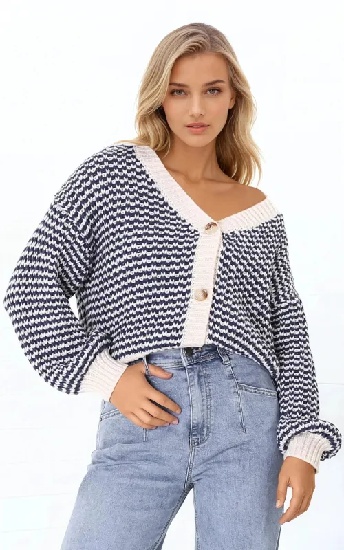 Malu Cardigan - Open Front Stripe Cardigan in White sold by Salty Crush