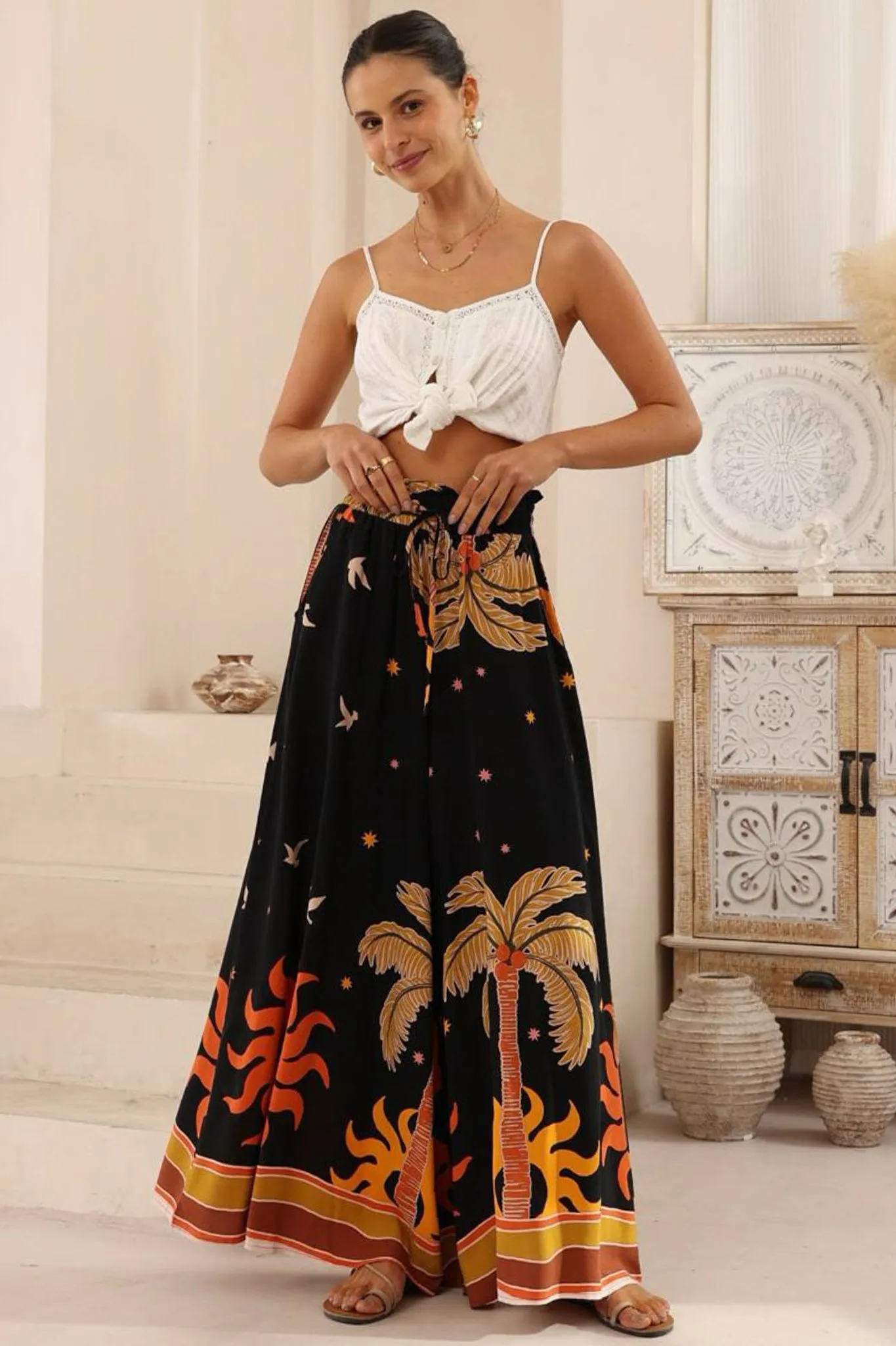 Charli Pants - Paper Bag High Waisted Wide Leg Pants in Midnight Desert Print sold by Salty Crush