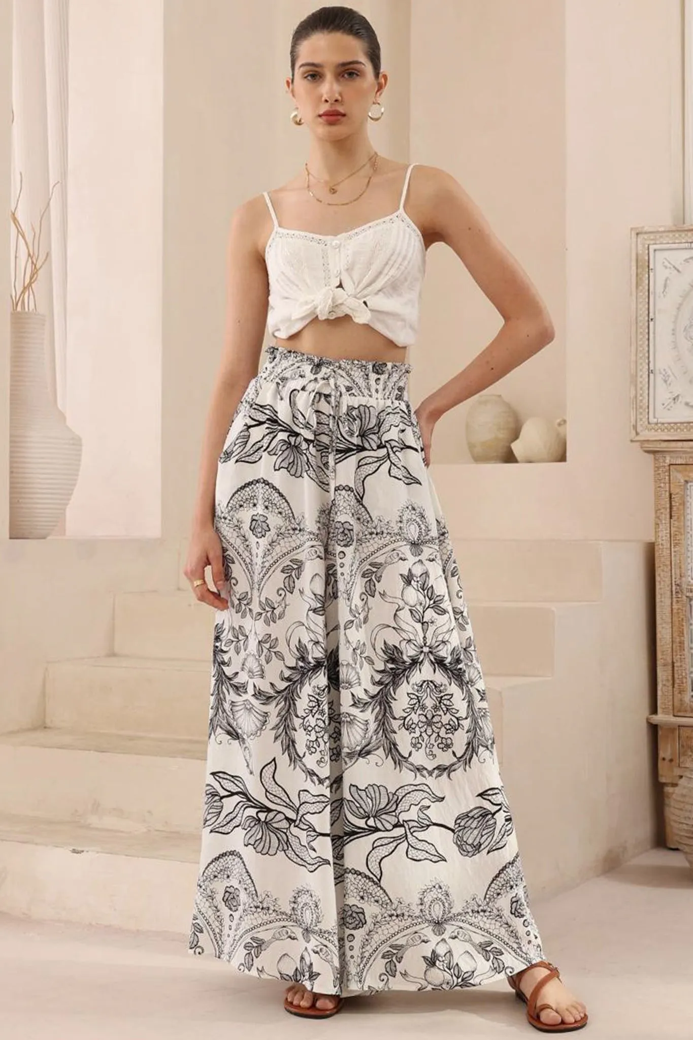Charli Pants - Paper Bag High Waisted Wide Leg Pants in Kiralee Print sold by Salty Crush