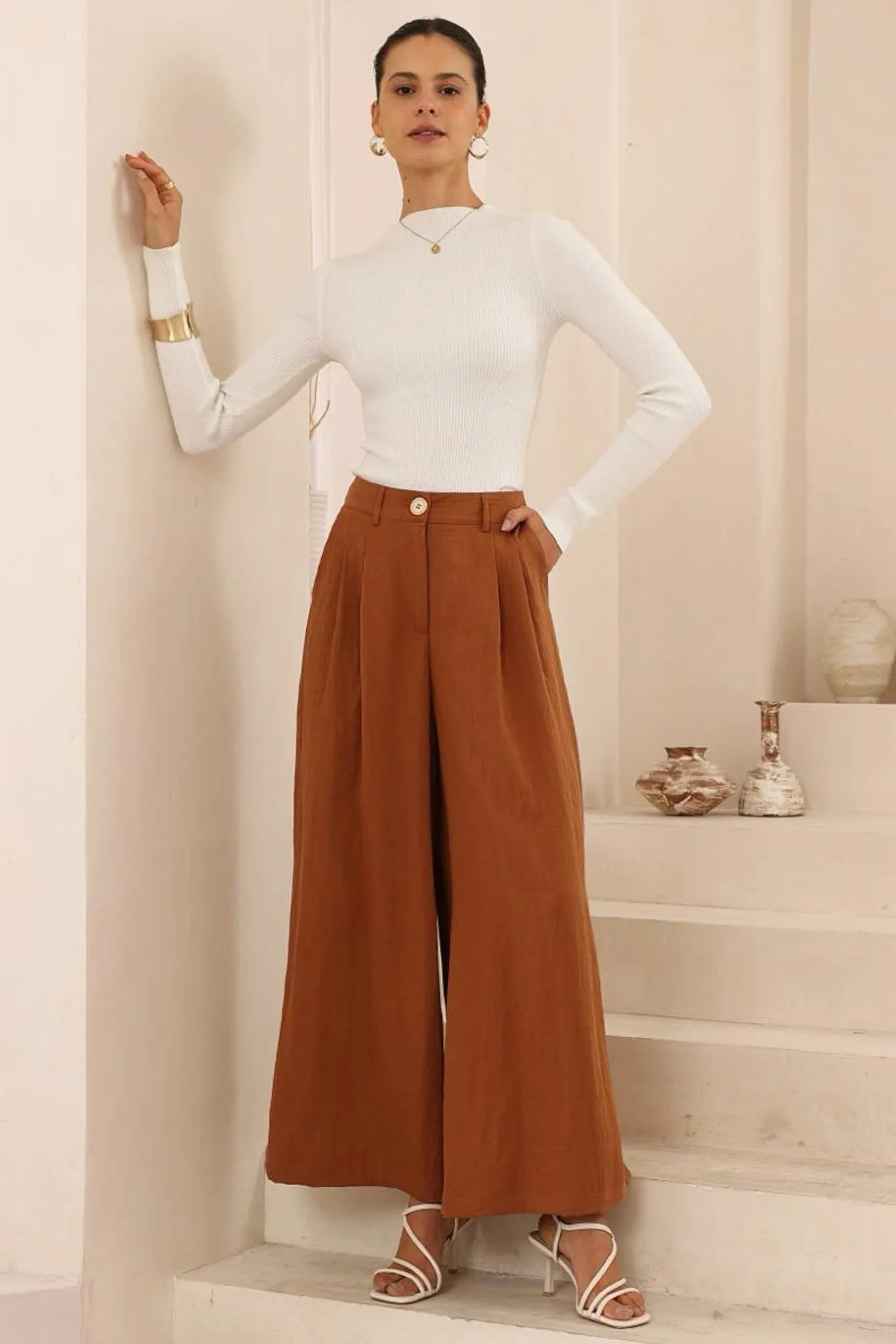 Garcia Pants - High Waisted Fitted Waist Wide Leg Pants in Tan sold by Salty Crush