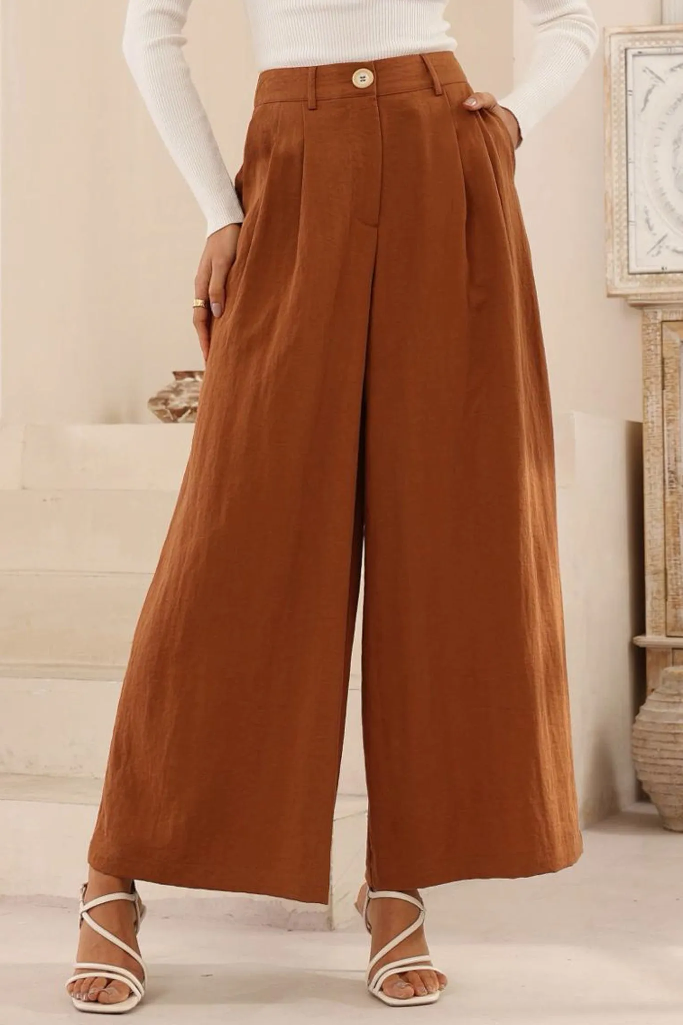 Garcia Pants - High Waisted Fitted Waist Wide Leg Pants in Tan sold by Salty Crush product image thumbnail 2
