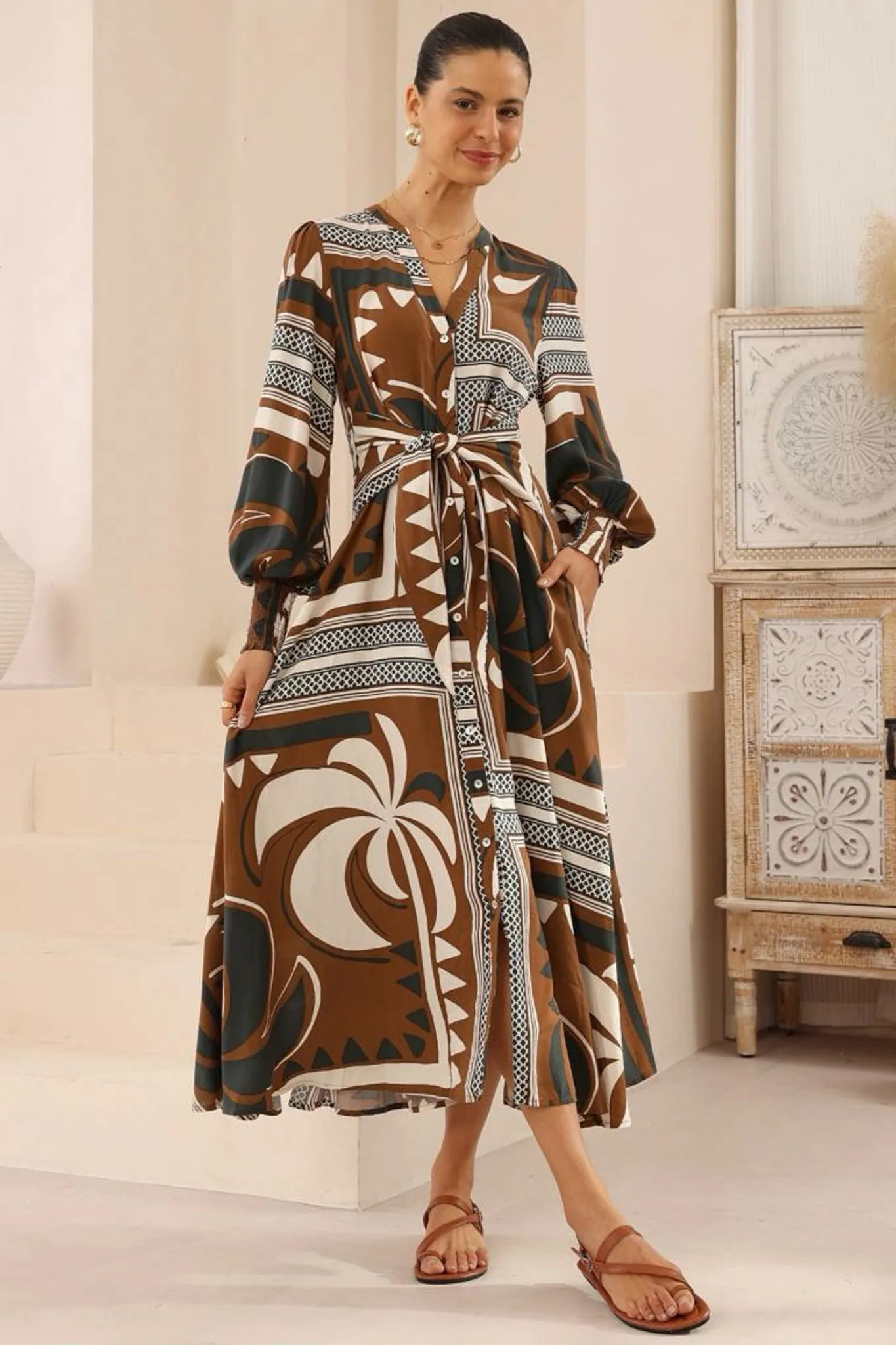 Anne Midi Dress - Mandarin Collar Waist Tie Detailed A Line Dress in Harlen Print sold by Salty Crush product image thumbnail 3