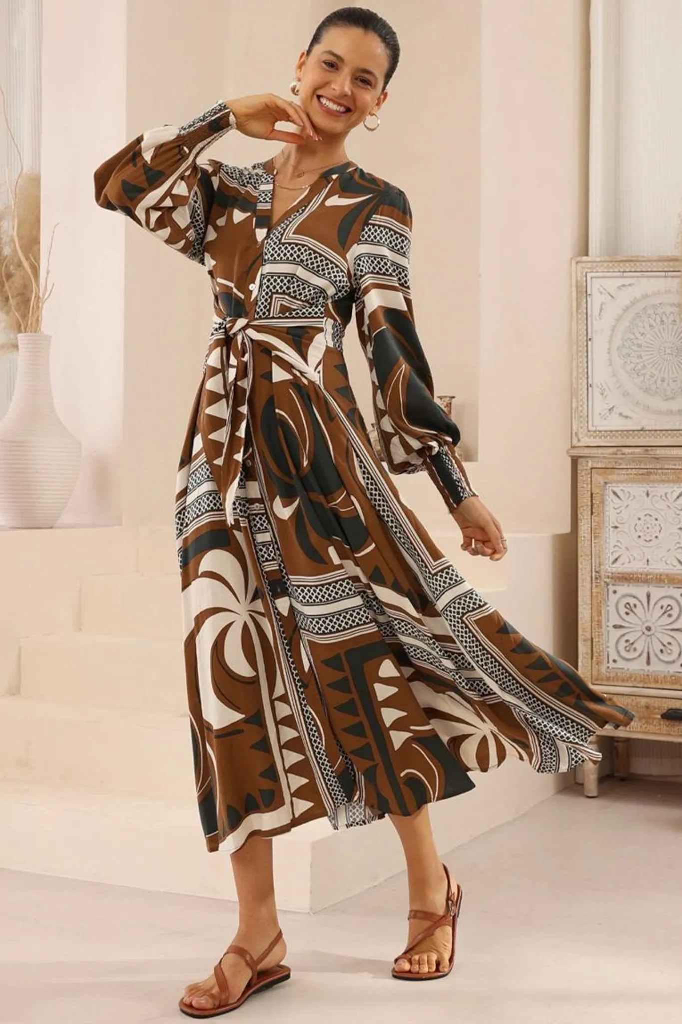 Anne Midi Dress - Mandarin Collar Waist Tie Detailed A Line Dress in Harlen Print sold by Salty Crush product image thumbnail 4