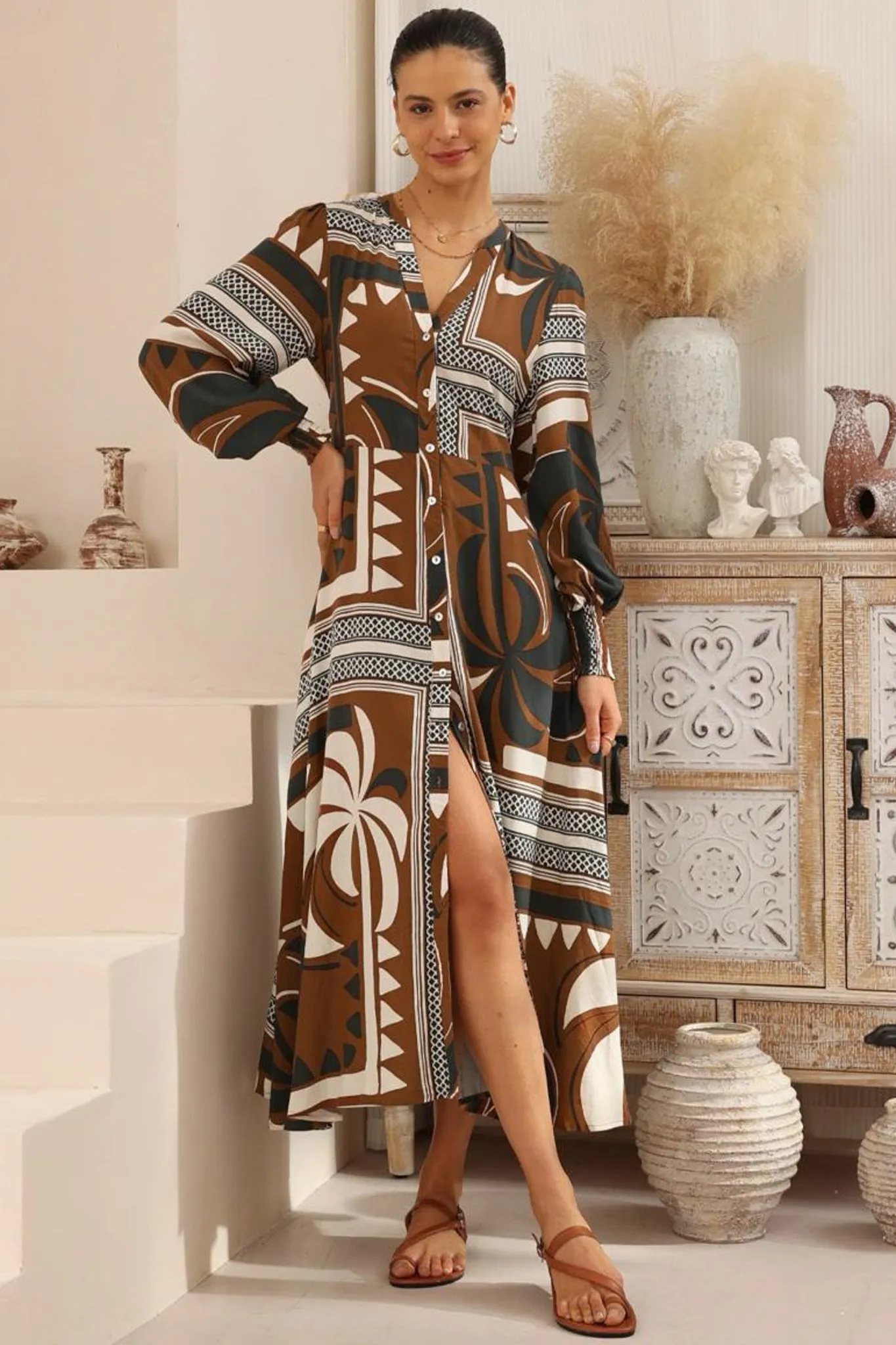 Anne Midi Dress - Mandarin Collar Waist Tie Detailed A Line Dress in Harlen Print sold by Salty Crush product image thumbnail 2