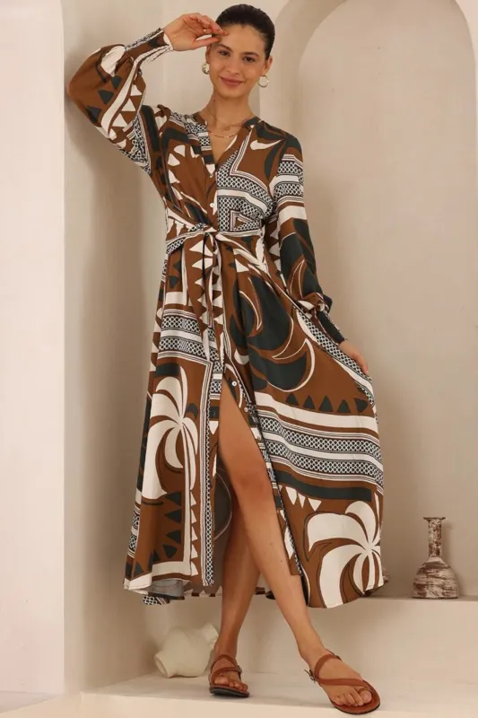 Anne Midi Dress - Mandarin Collar Waist Tie Detailed A Line Dress in Harlen Print sold by Salty Crush