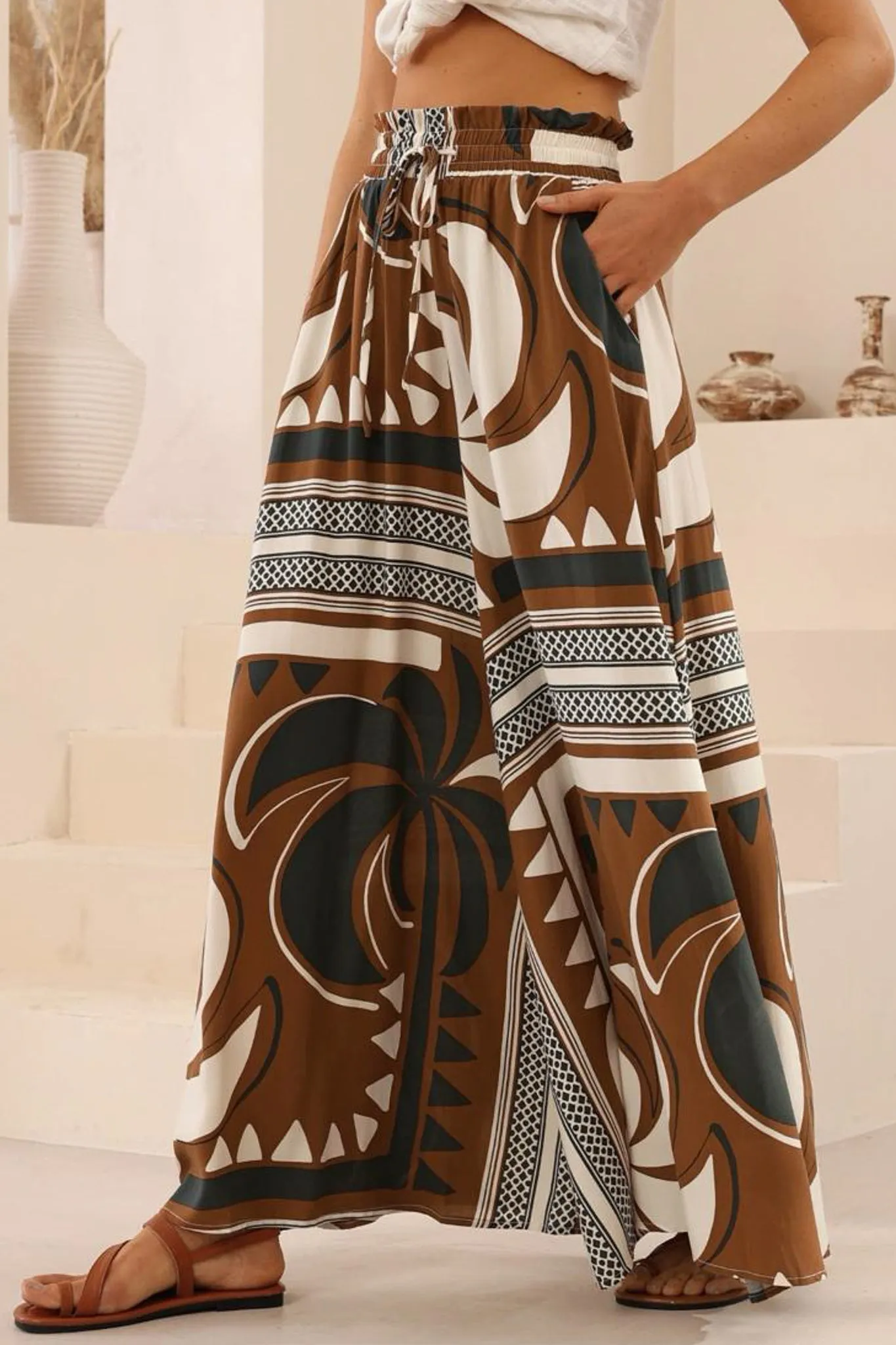 Charli Pants - Paper Bag High Waisted Wide Leg Pants in Harlen Print sold by Salty Crush product image thumbnail 3