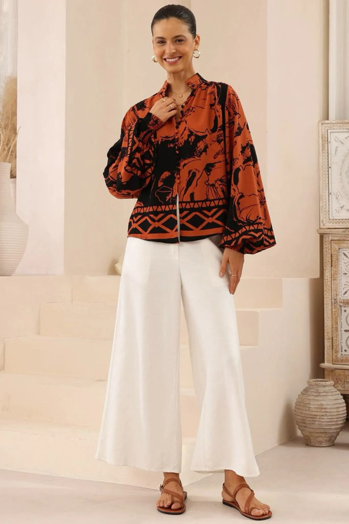 Faye Blouse - Mandarin Collar Balloon Sleeve Button Down Shirt in Joslyn Print sold by Salty Crush product image thumbnail 2